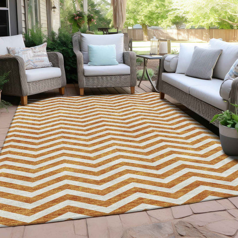 10' X 14' Orange And Beige Chevron Washable Indoor Outdoor Area Rug