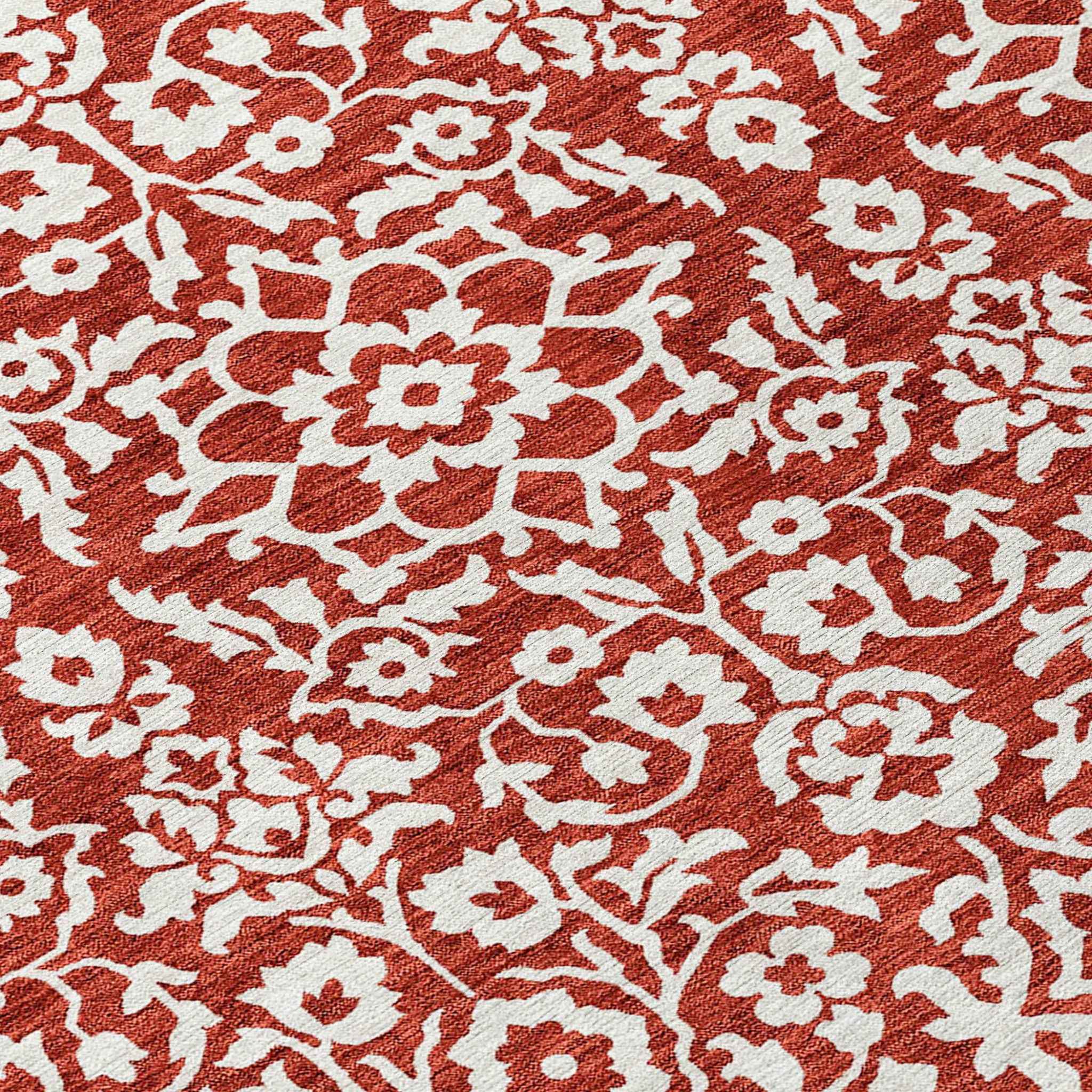 8' Red And Ivory Round Damask Washable Indoor Outdoor Area Rug
