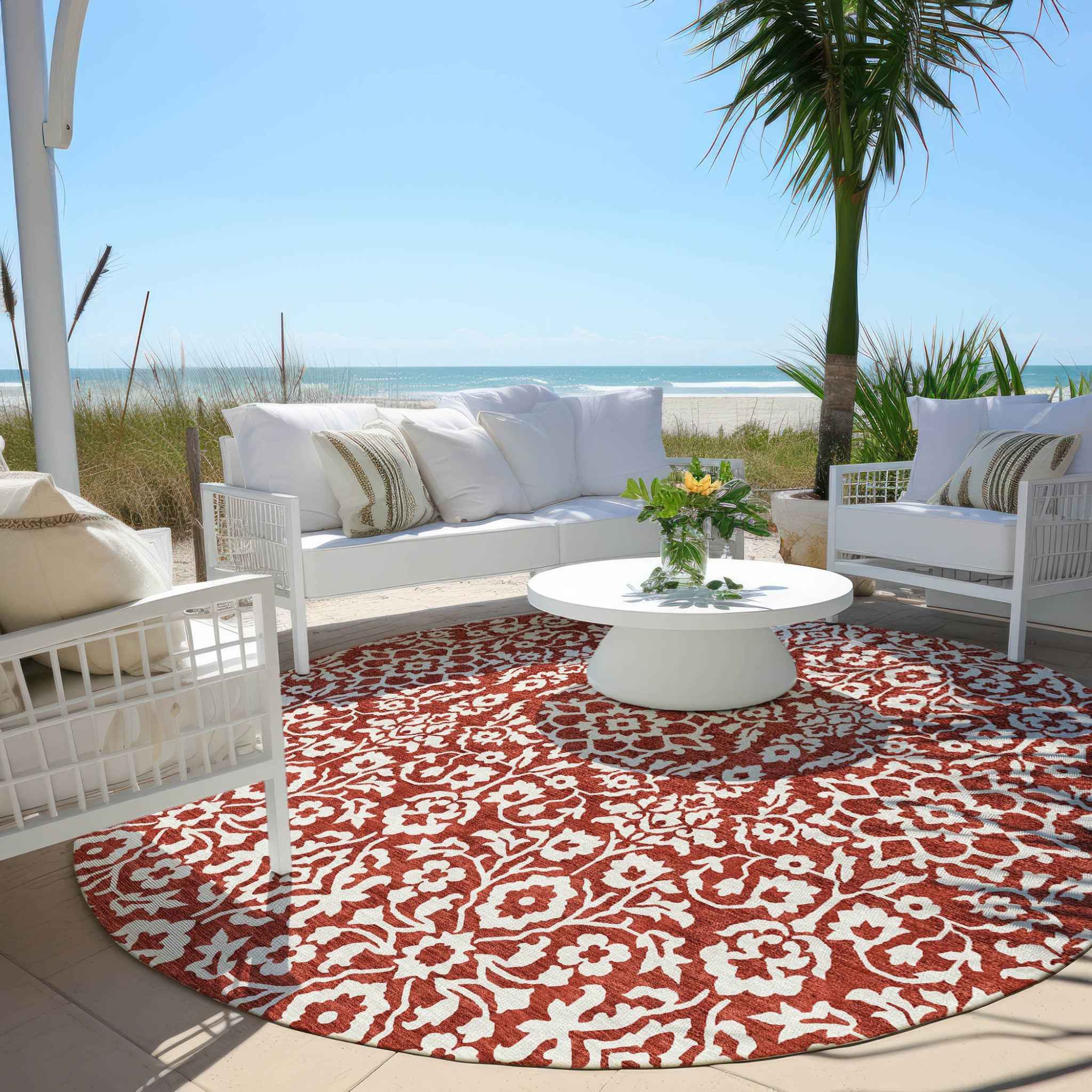 8' Red And Ivory Round Damask Washable Indoor Outdoor Area Rug