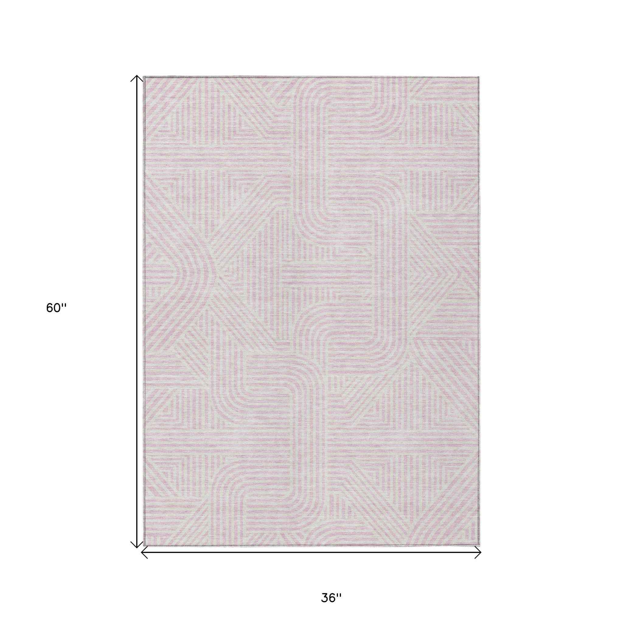 3' X 5' Pink And Ivory Abstract Washable Indoor Outdoor Area Rug