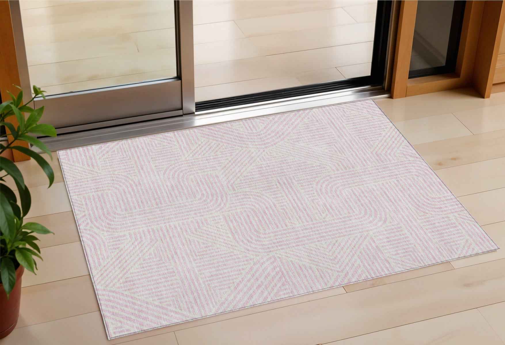 3' X 5' Pink And Ivory Abstract Washable Indoor Outdoor Area Rug