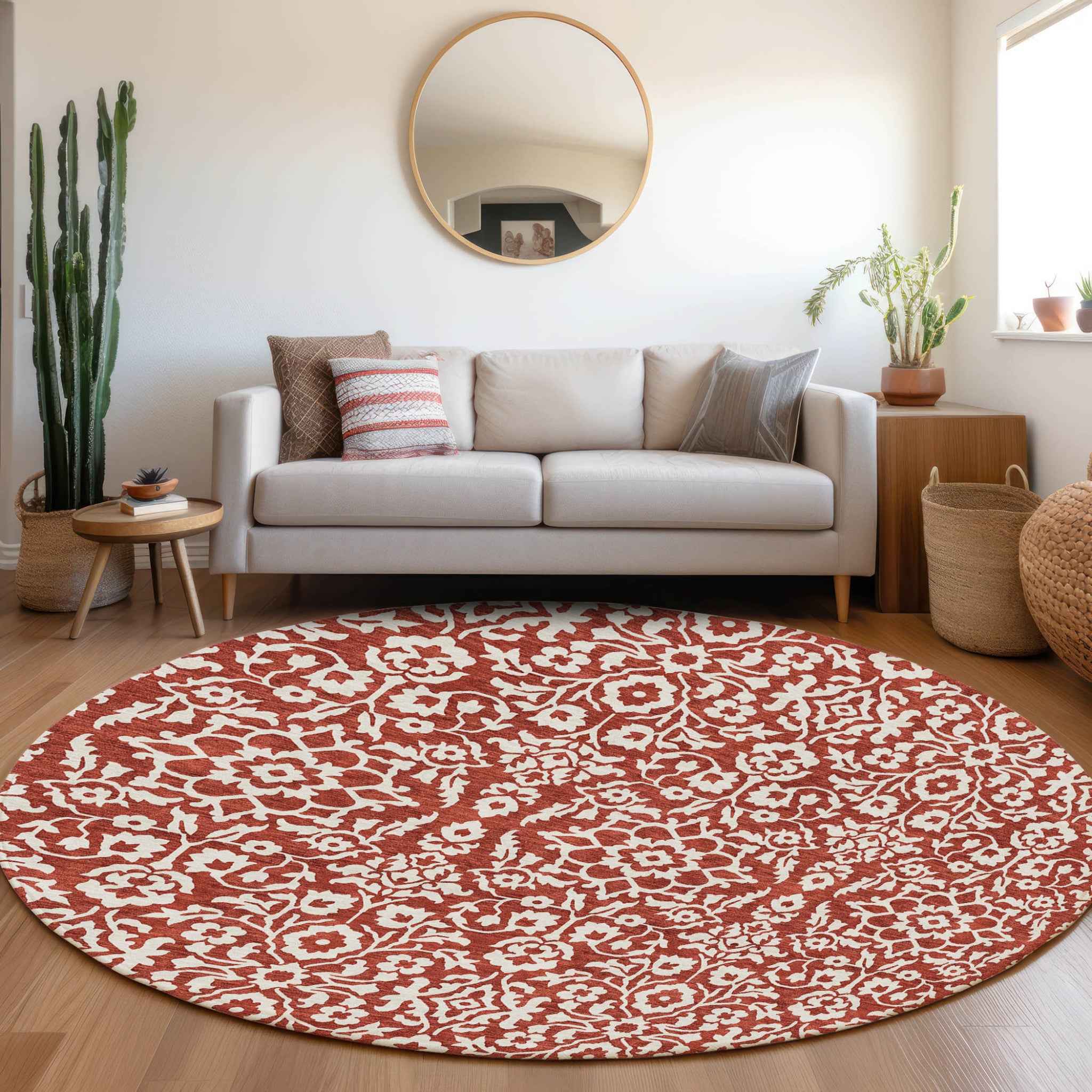 8' Red And Ivory Round Damask Washable Indoor Outdoor Area Rug
