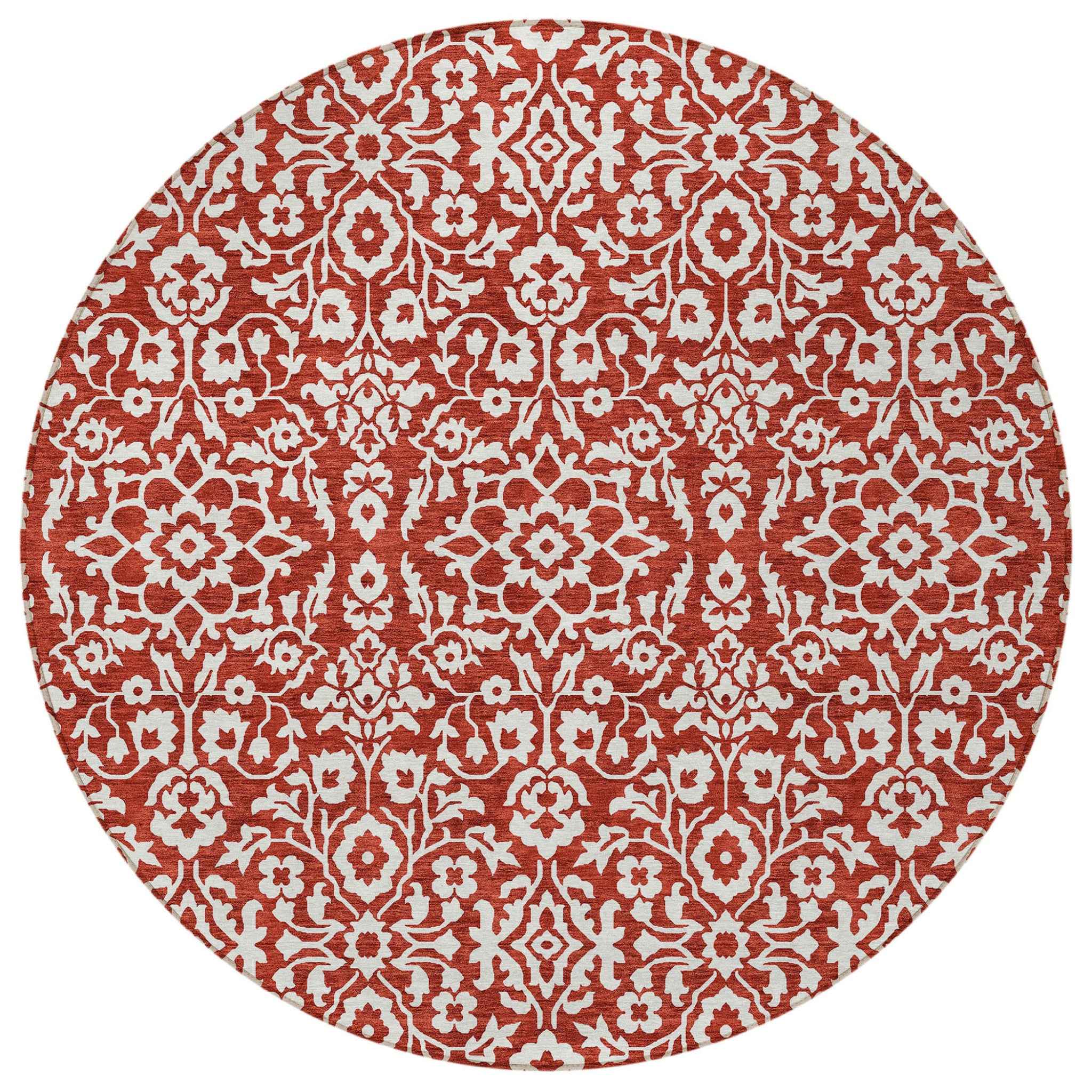 8' Red And Ivory Round Damask Washable Indoor Outdoor Area Rug