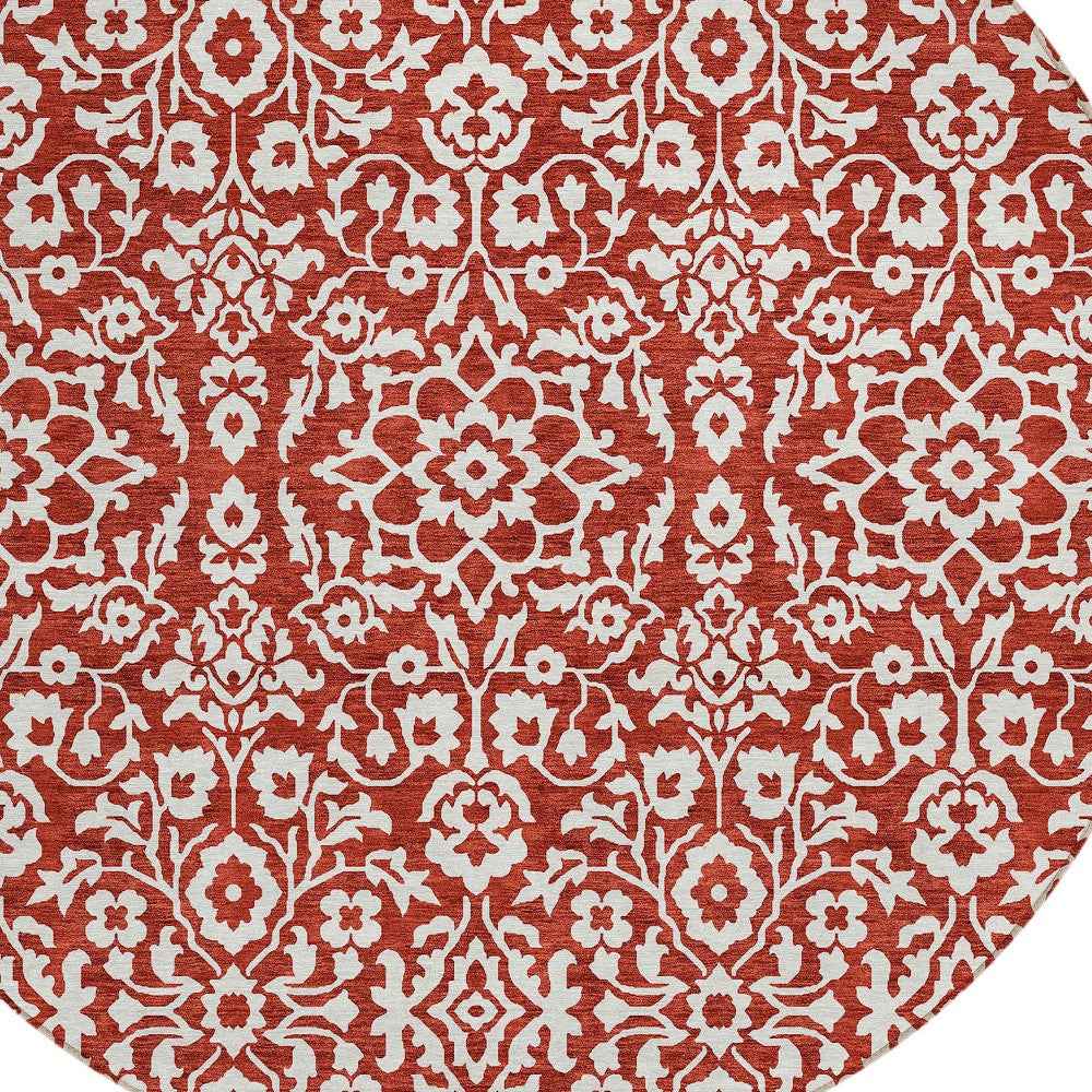 8' Red And Ivory Round Damask Washable Indoor Outdoor Area Rug