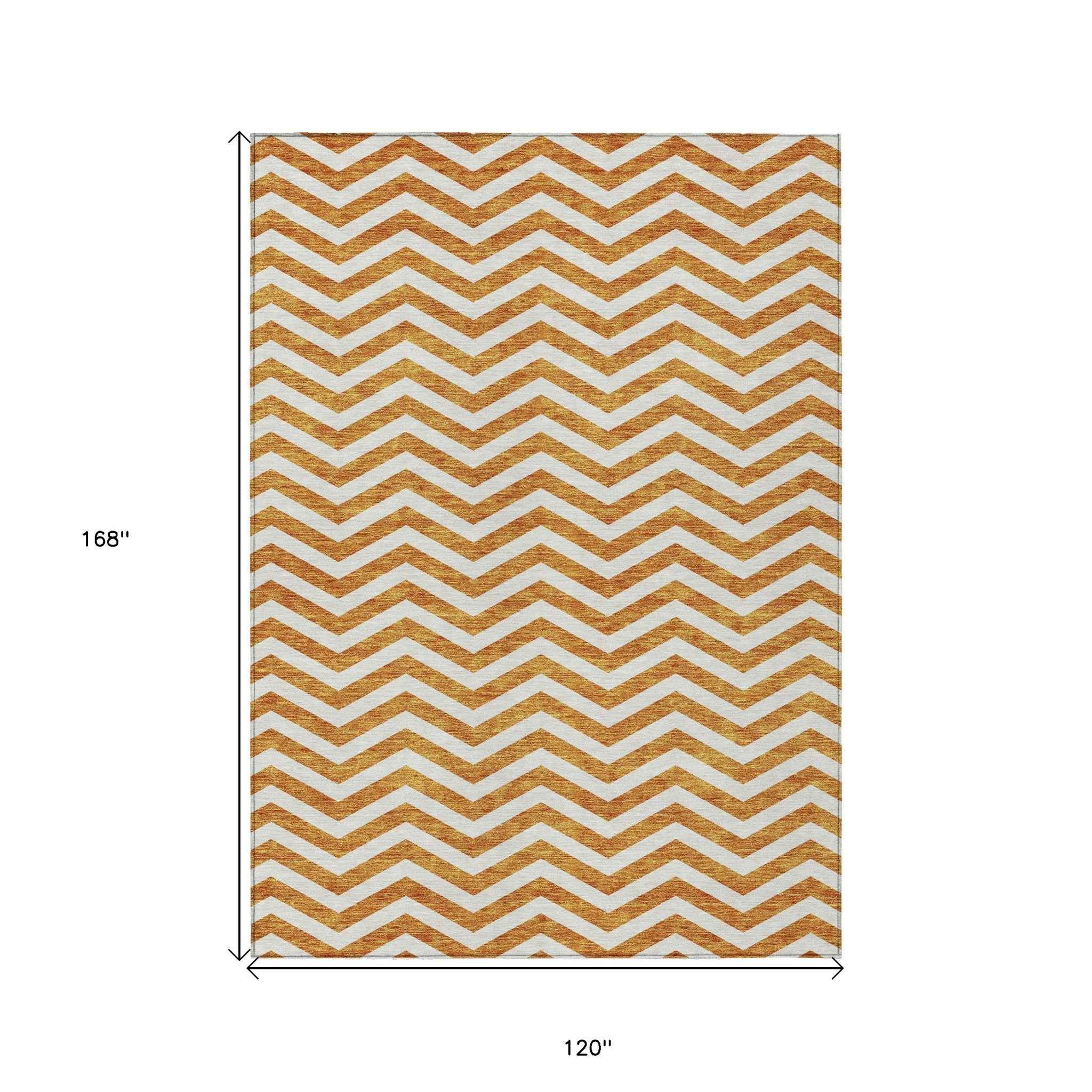 10' X 14' Orange And Beige Chevron Washable Indoor Outdoor Area Rug