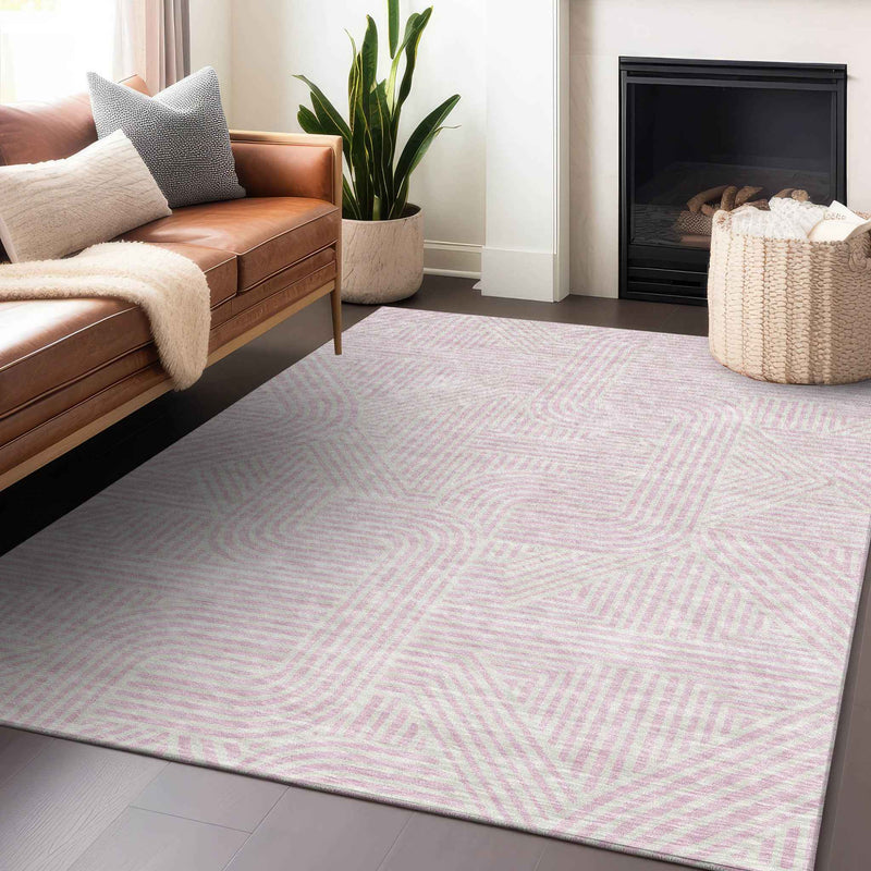 3' X 5' Pink And Ivory Abstract Washable Indoor Outdoor Area Rug
