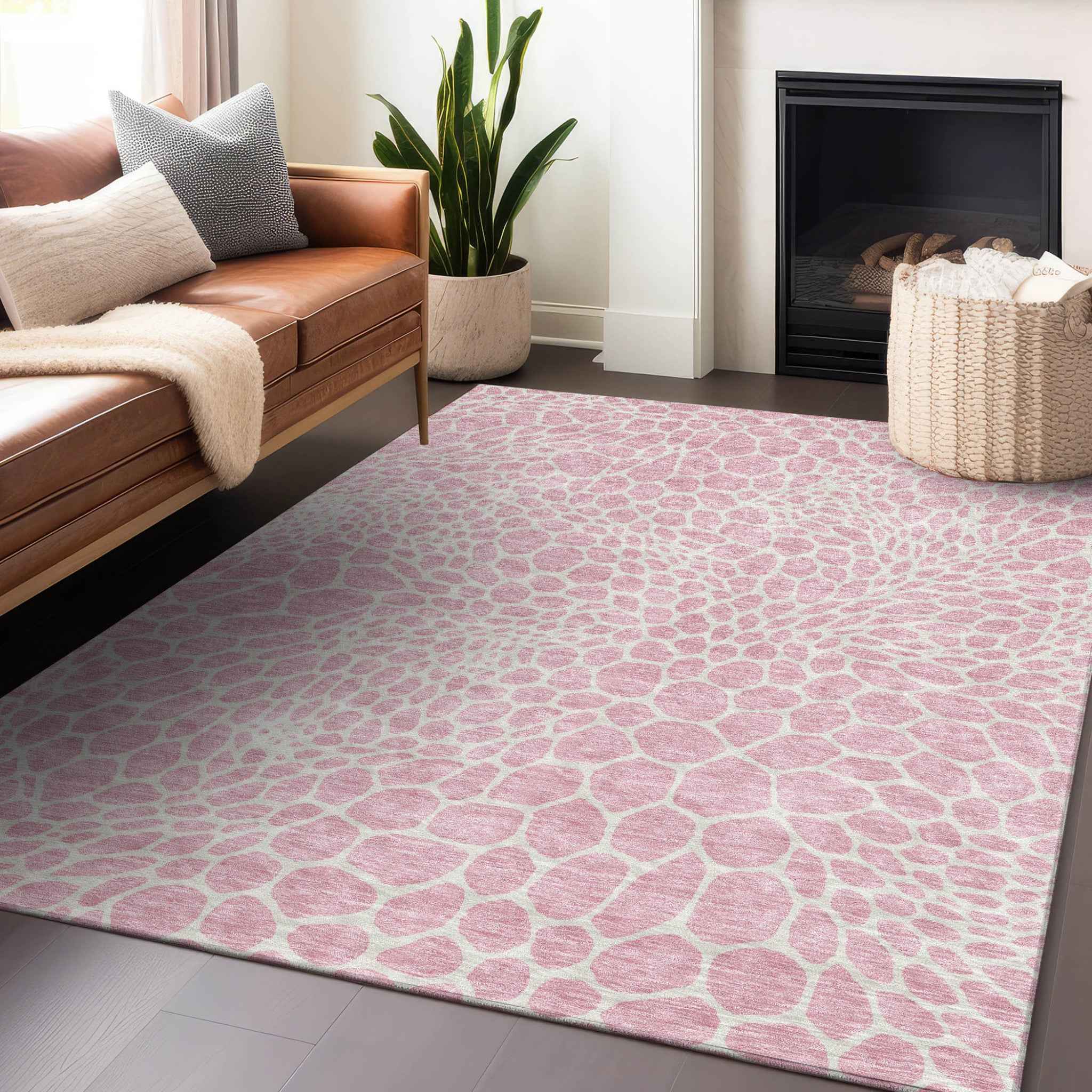 8' X 10' Pink And Ivory Geometric Washable Indoor Outdoor Area Rug