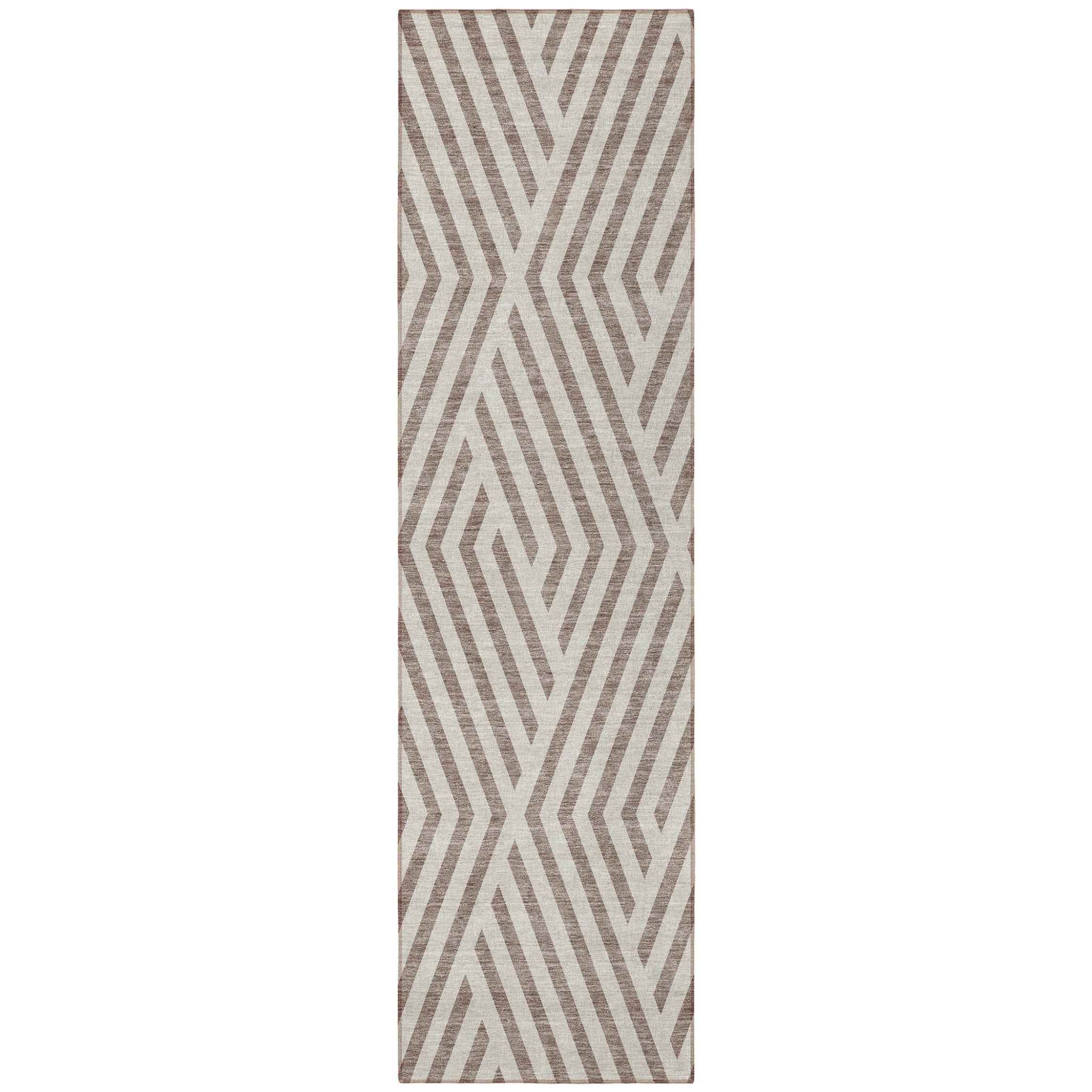 8' Runner Taupe and Ivory Geometric Washable Non Skid Indoor Outdoor Runner Rug