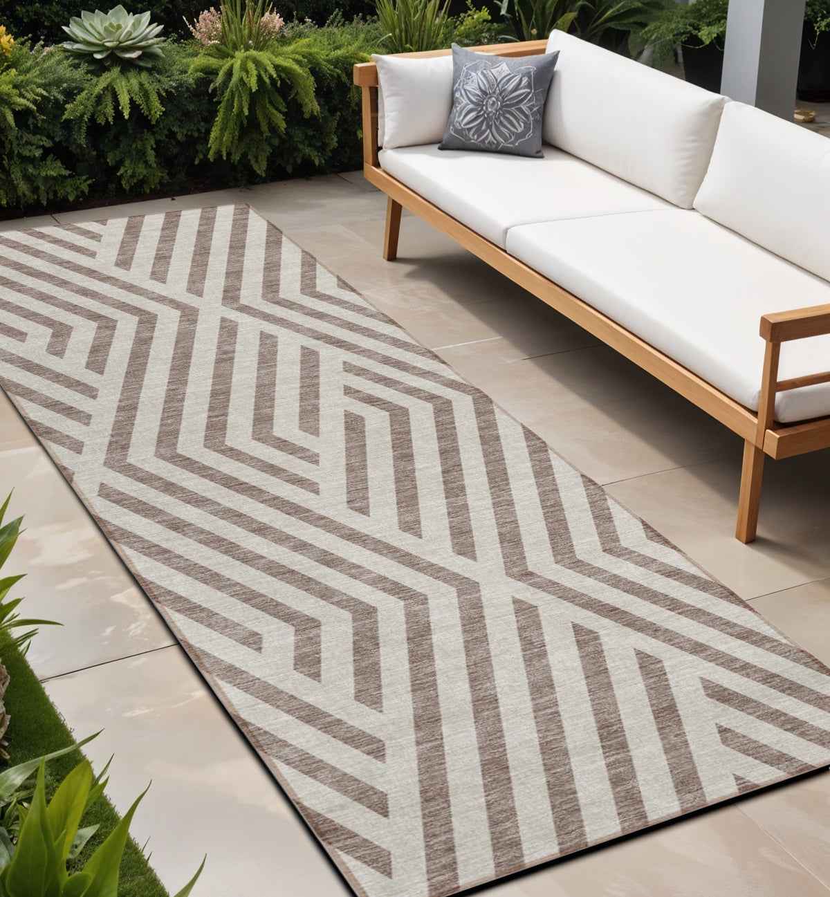 8' Runner Taupe and Ivory Geometric Washable Non Skid Indoor Outdoor Runner Rug