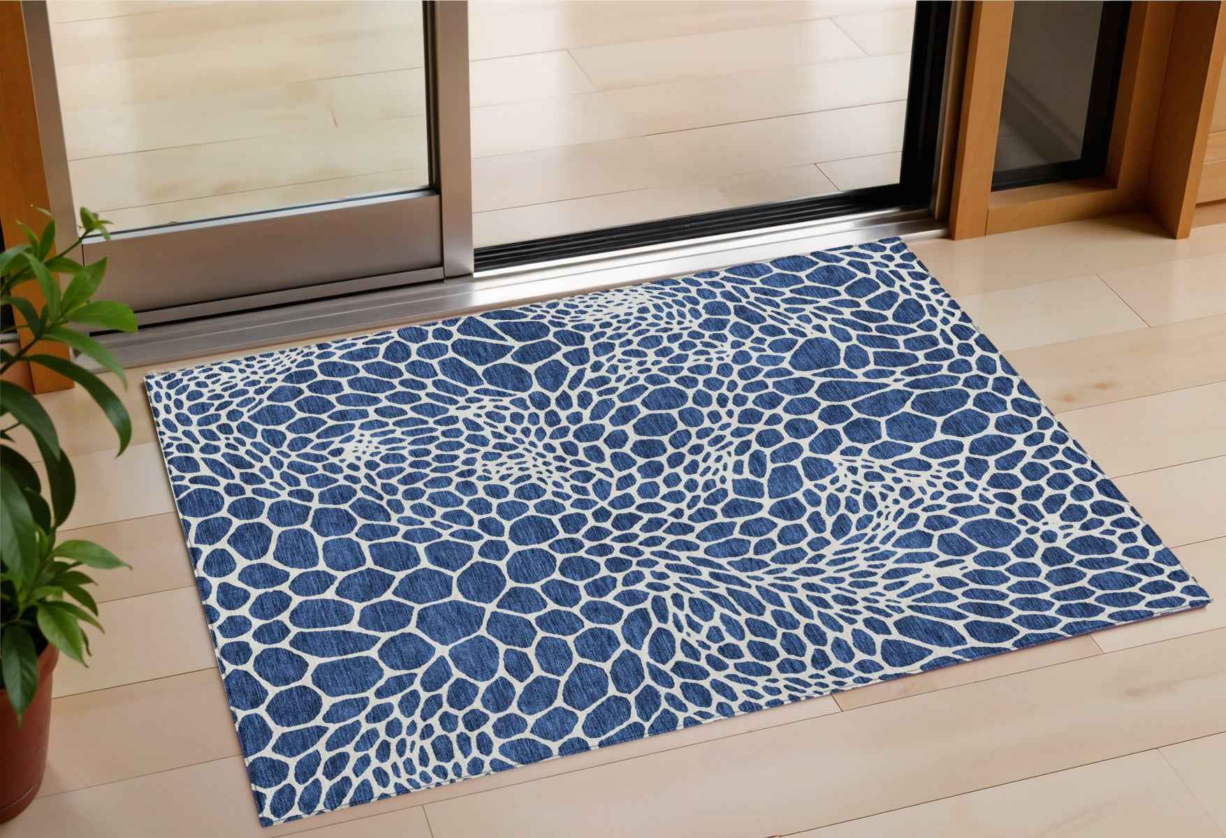 3' X 5' Navy Blue And Ivory Geometric Washable Indoor Outdoor Area Rug