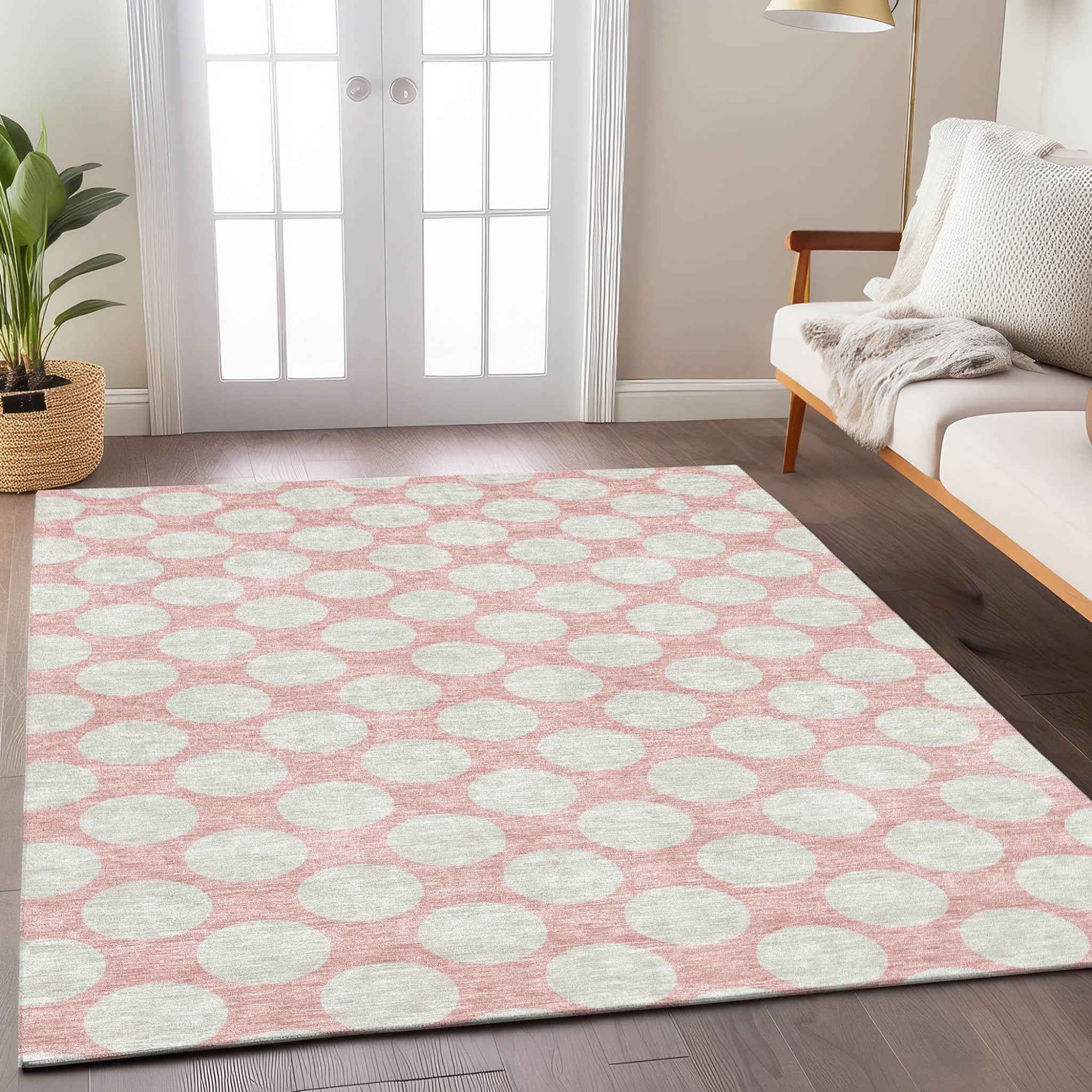 8' X 10' Pink And Gray Polka Dot Washable Indoor Outdoor Area Rug