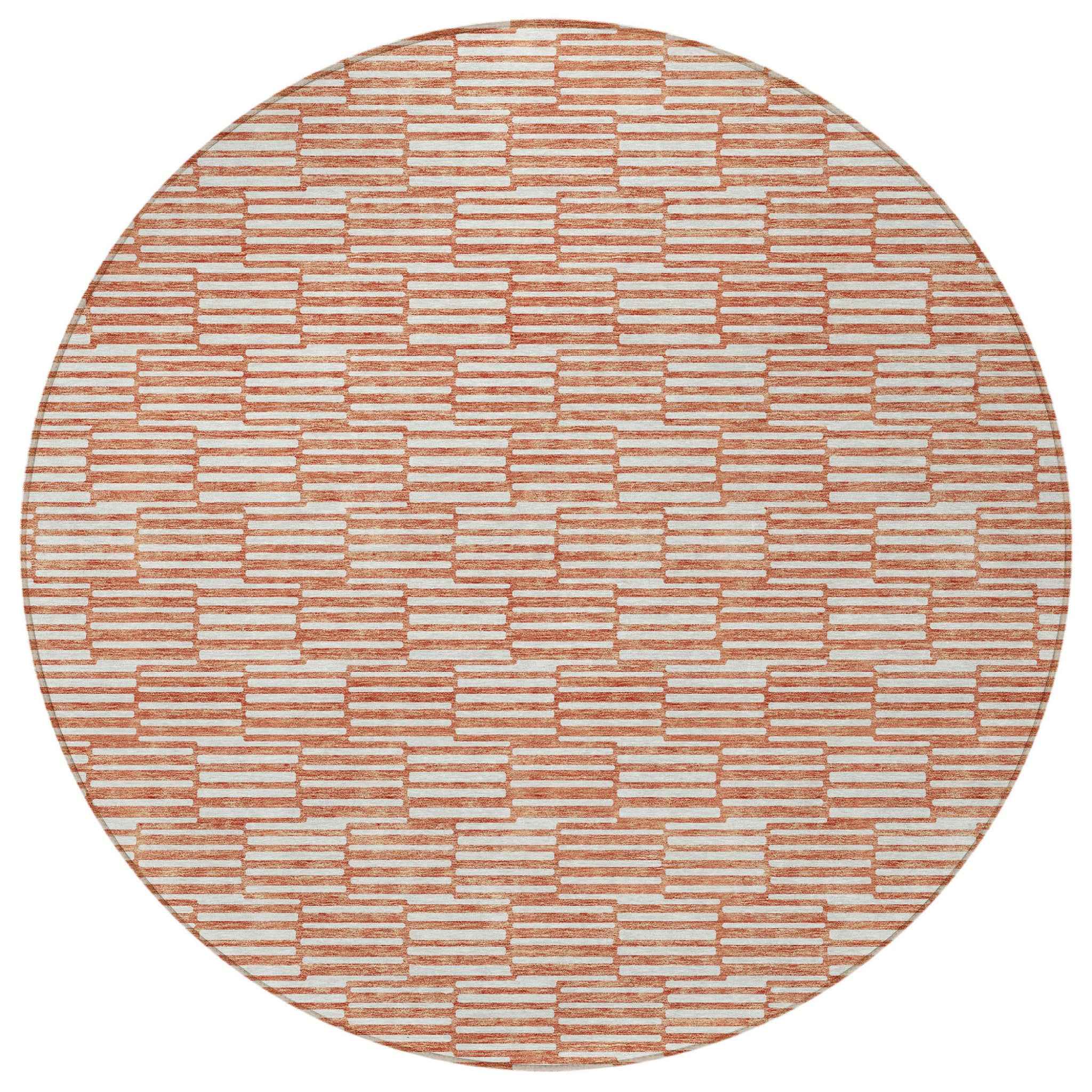 8' Salmon And Ivory Round Geometric Washable Indoor Outdoor Area Rug