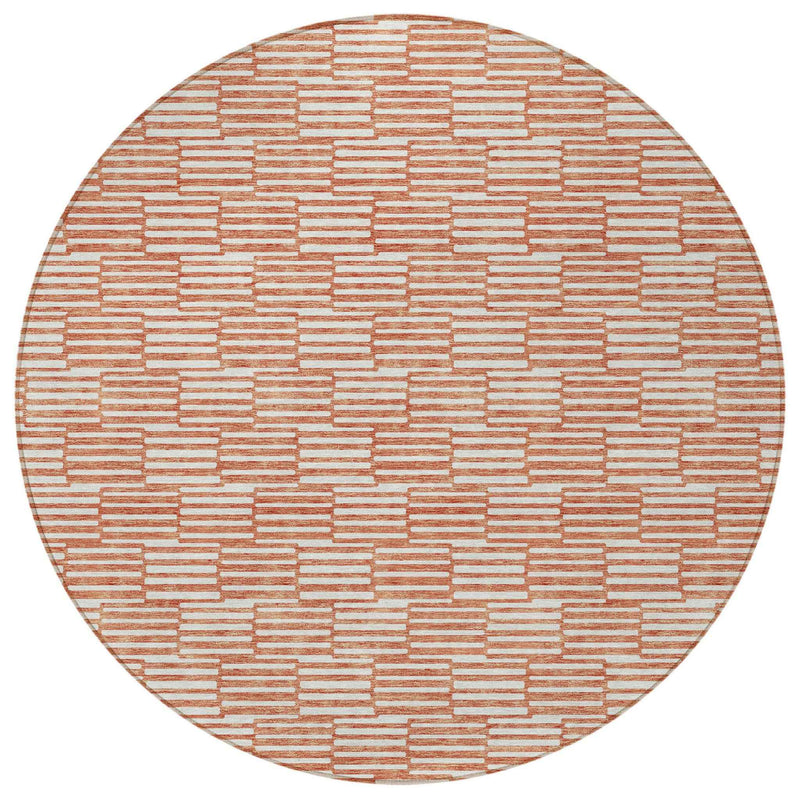 8' Salmon And Ivory Round Geometric Washable Indoor Outdoor Area Rug