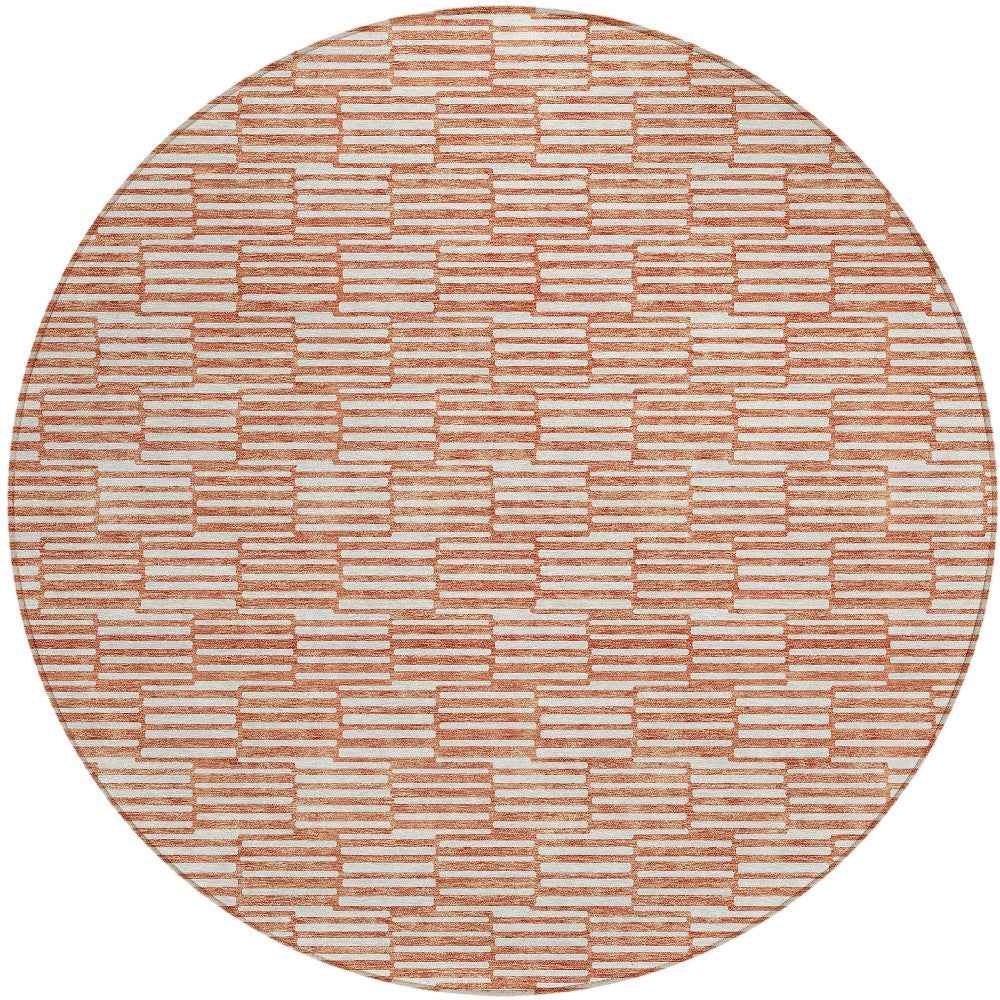 8' Salmon And Ivory Round Geometric Washable Indoor Outdoor Area Rug