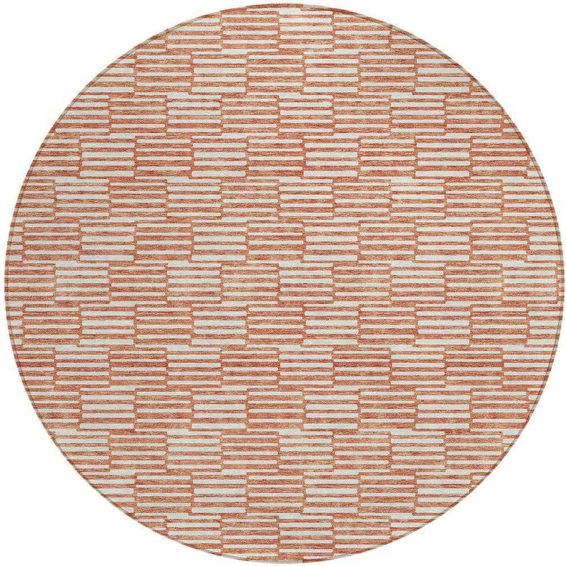 8' Salmon And Ivory Round Geometric Washable Indoor Outdoor Area Rug