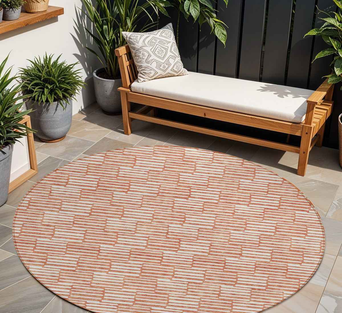 8' Salmon And Ivory Round Geometric Washable Indoor Outdoor Area Rug