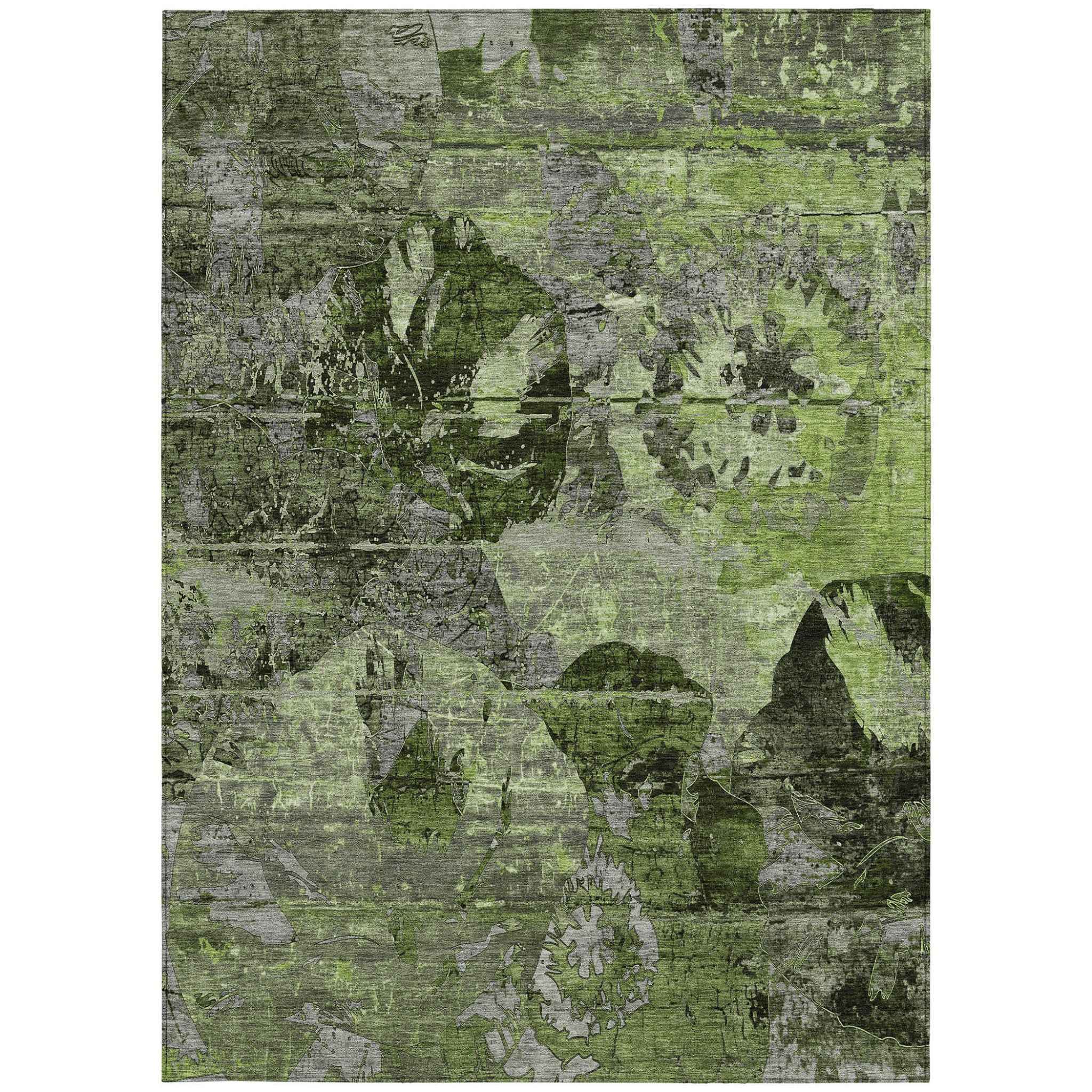 9' X 12' Green And Gray Floral Washable Indoor Outdoor Area Rug