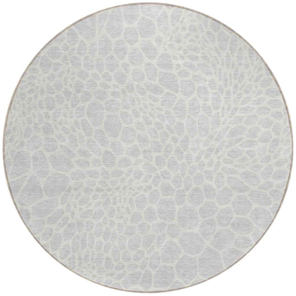 8' Silver And Gray Round Geometric Washable Indoor Outdoor Area Rug