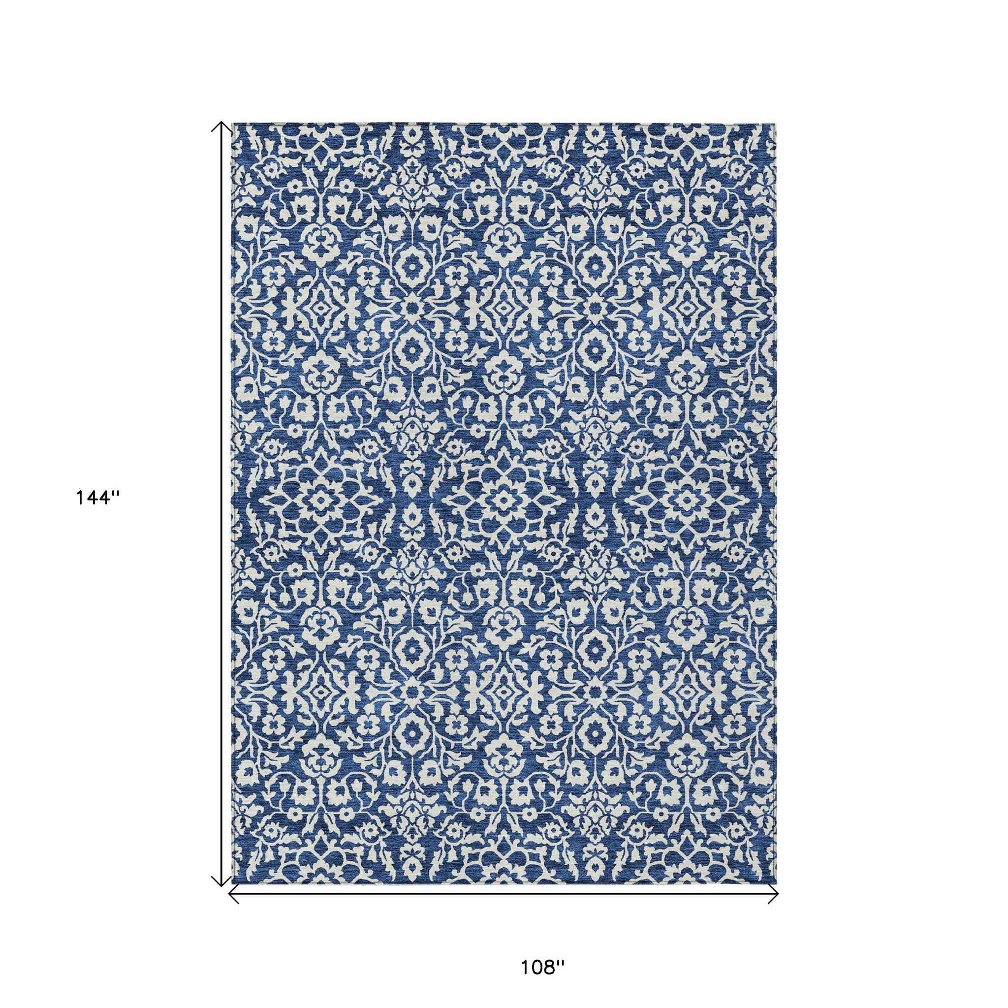 9' X 12' Navy Blue And Ivory Damask Washable Indoor Outdoor Area Rug