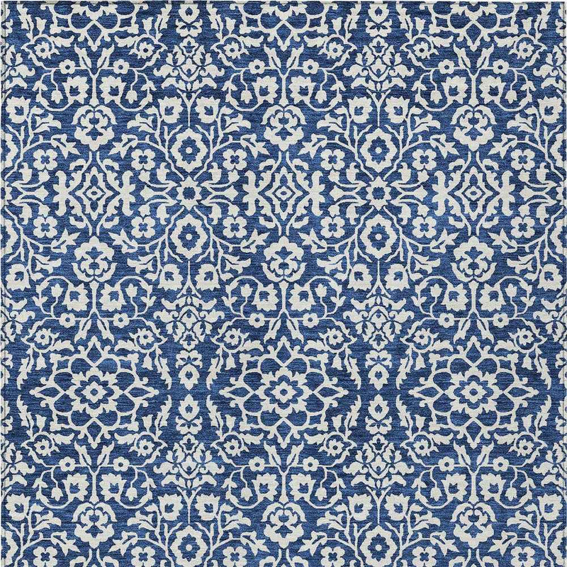 9' X 12' Navy Blue And Ivory Damask Washable Indoor Outdoor Area Rug