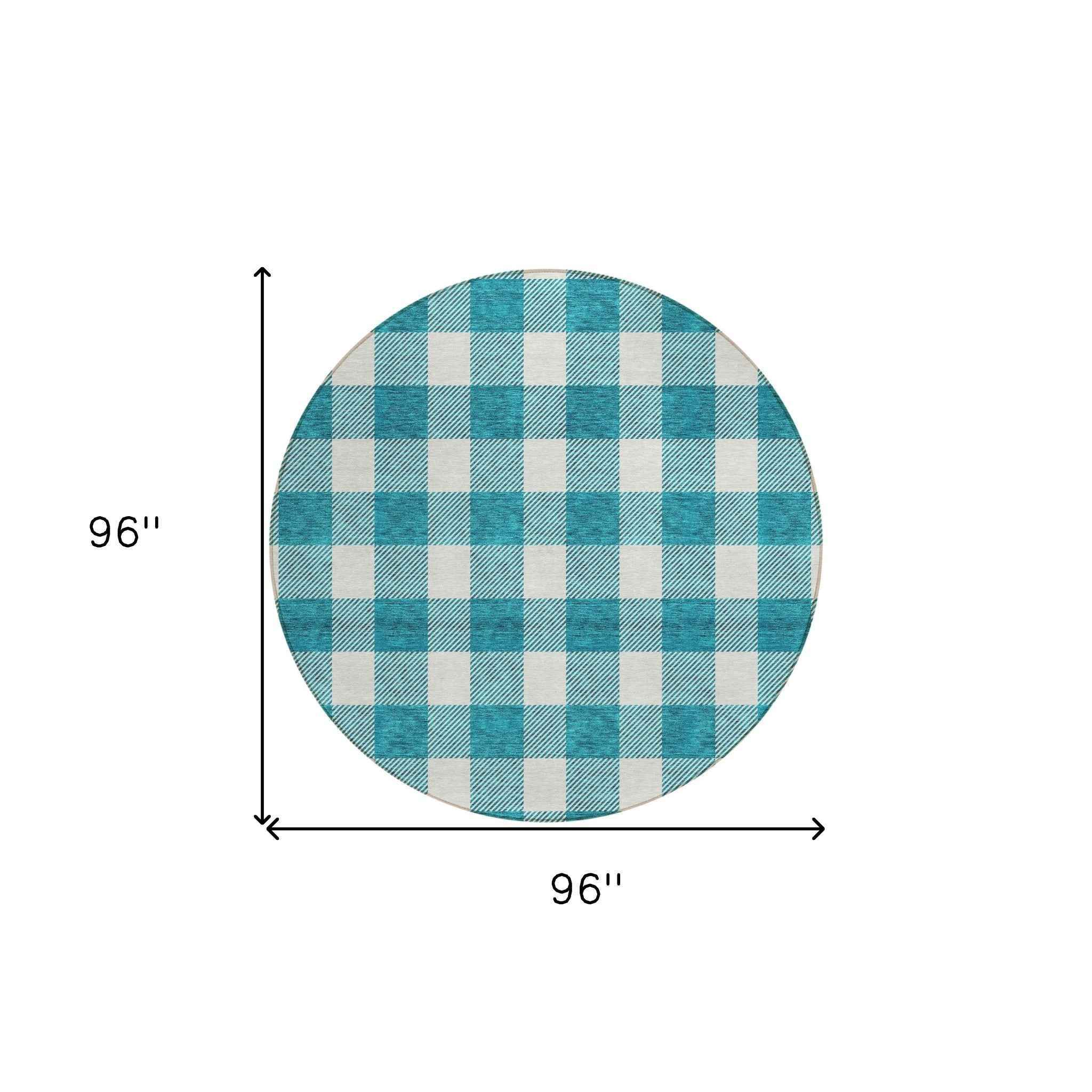 8' Teal Blue And Gray Round Plaid Washable Indoor Outdoor Area Rug