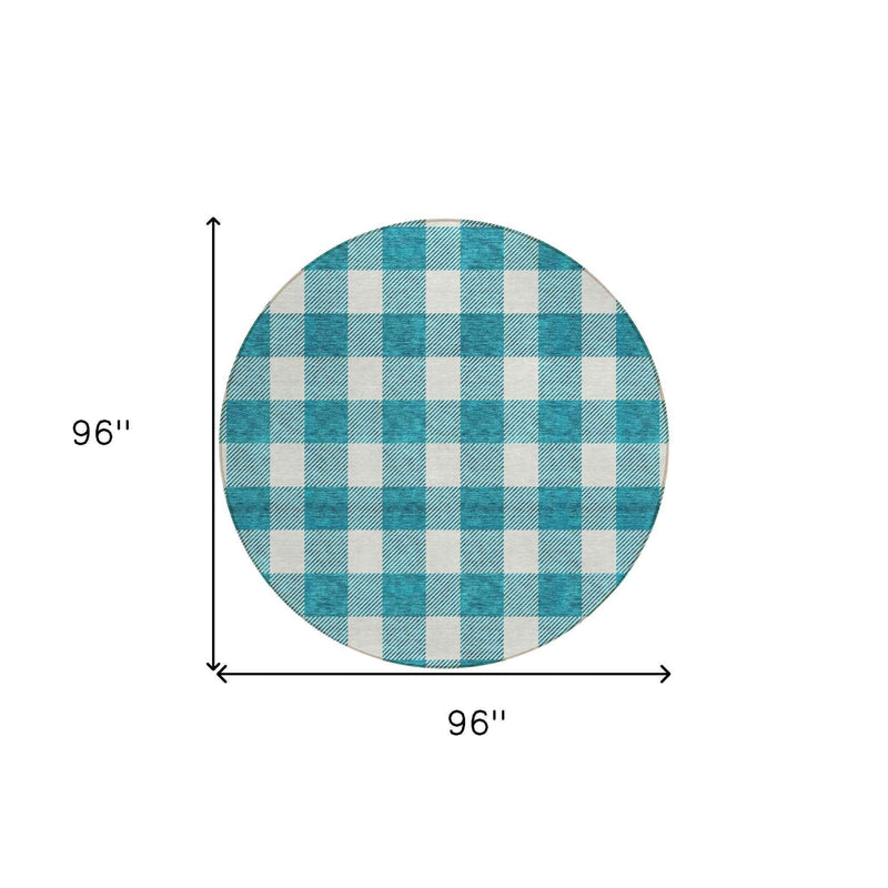 8' Teal Blue And Gray Round Plaid Washable Indoor Outdoor Area Rug