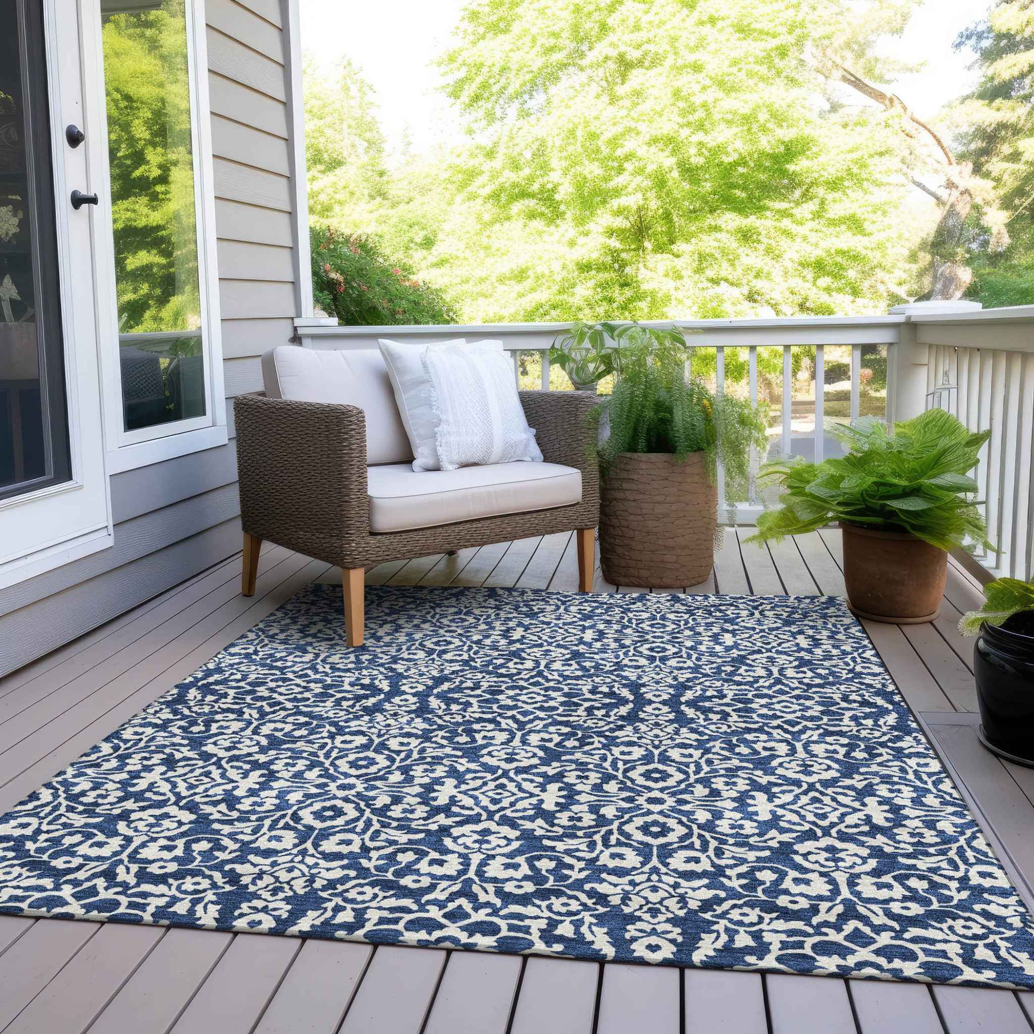 9' X 12' Navy Blue And Ivory Damask Washable Indoor Outdoor Area Rug