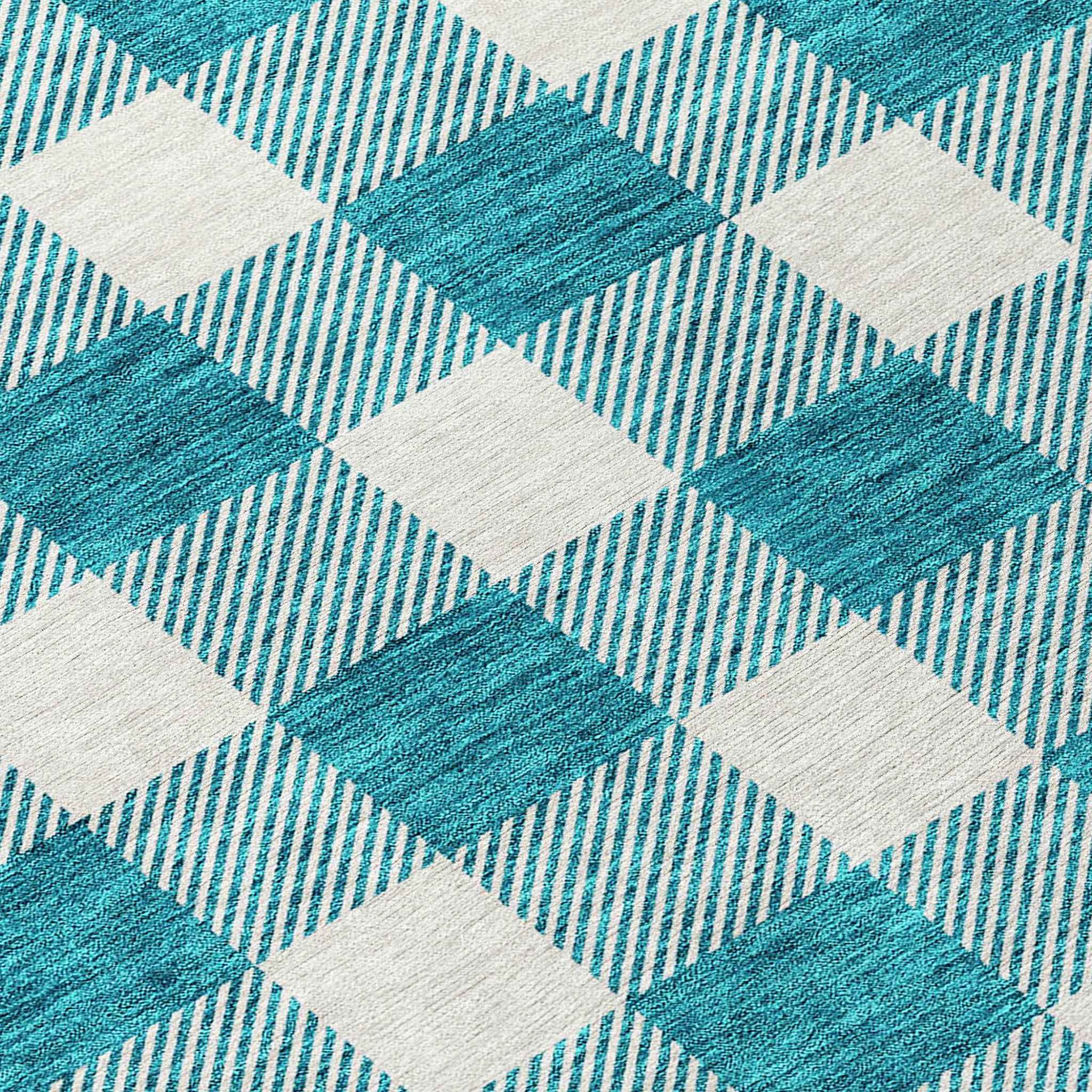 8' Teal Blue And Gray Round Plaid Washable Indoor Outdoor Area Rug