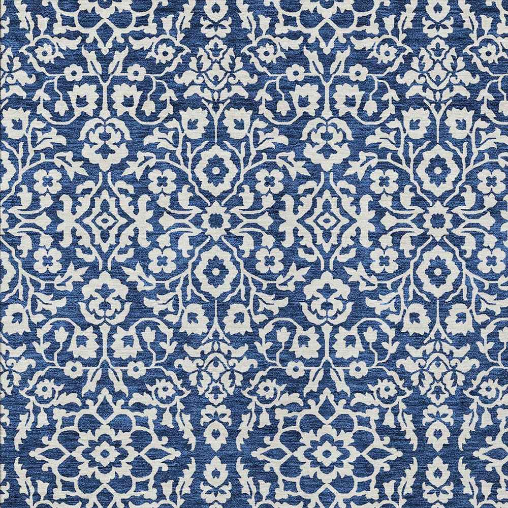 9' X 12' Navy Blue And Ivory Damask Washable Indoor Outdoor Area Rug