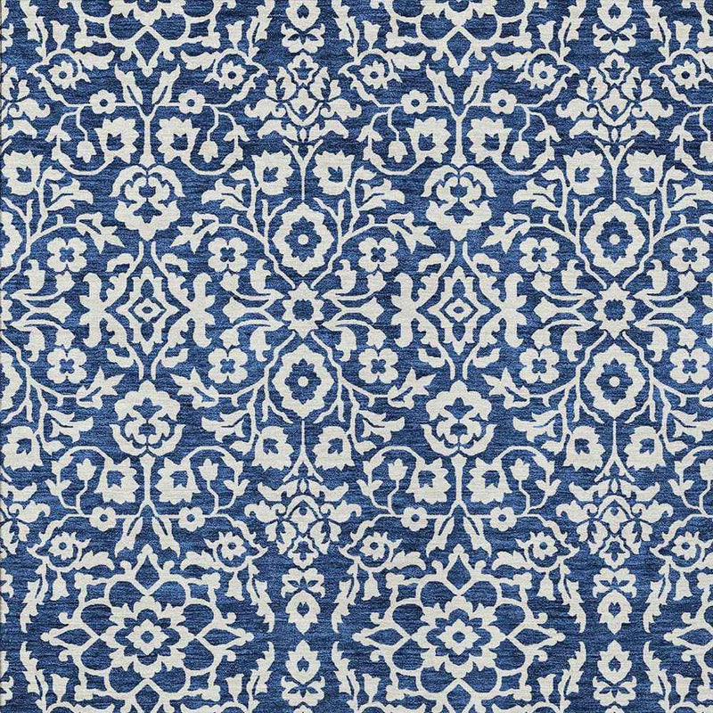 9' X 12' Navy Blue And Ivory Damask Washable Indoor Outdoor Area Rug