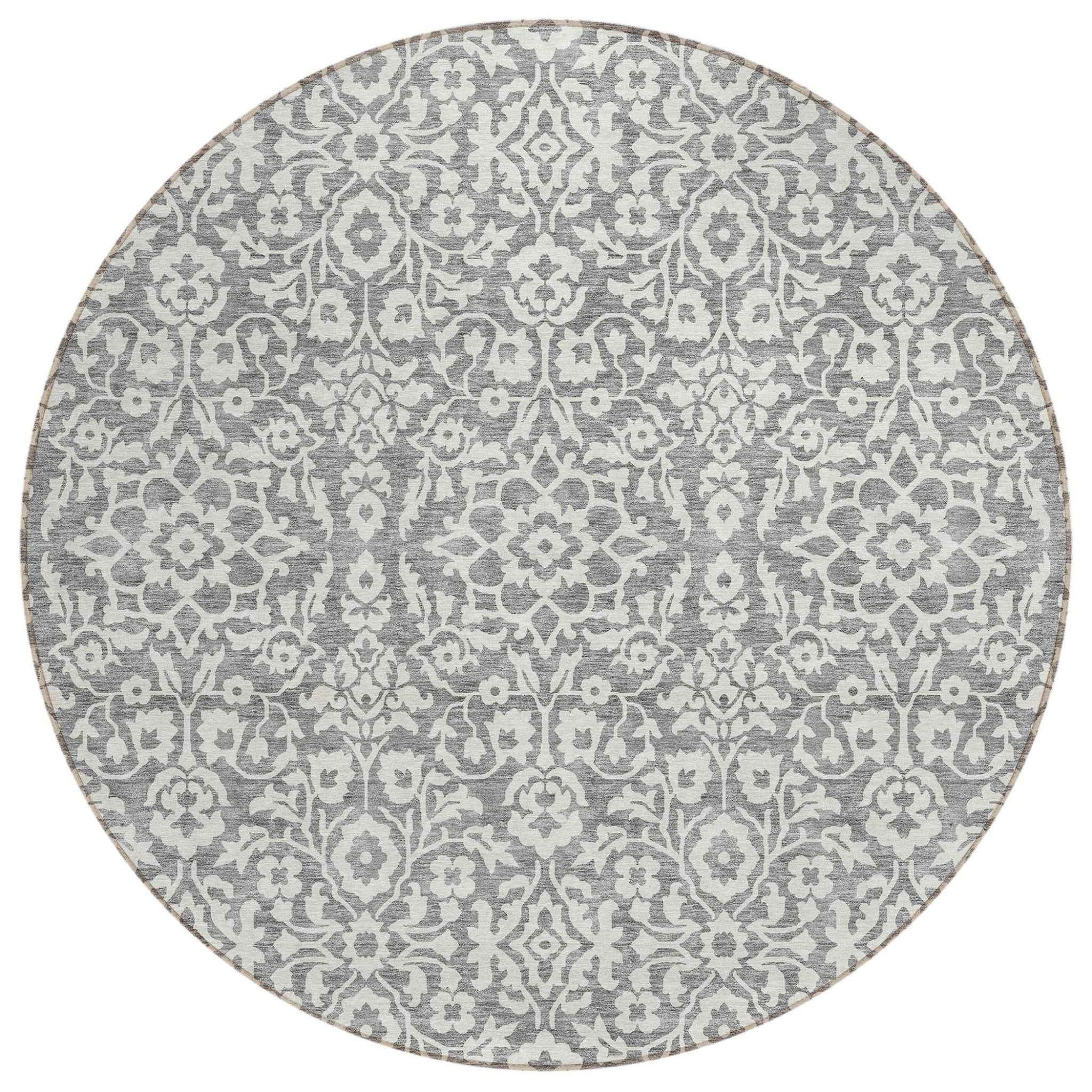 8' Gray And Ivory Round Damask Washable Indoor Outdoor Area Rug