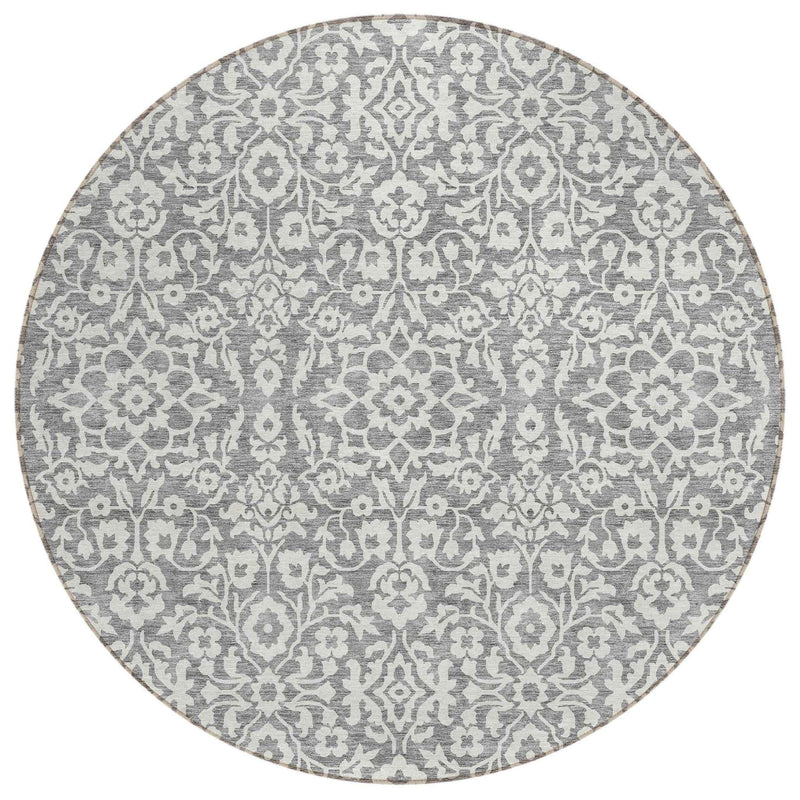 8' Gray And Ivory Round Damask Washable Indoor Outdoor Area Rug