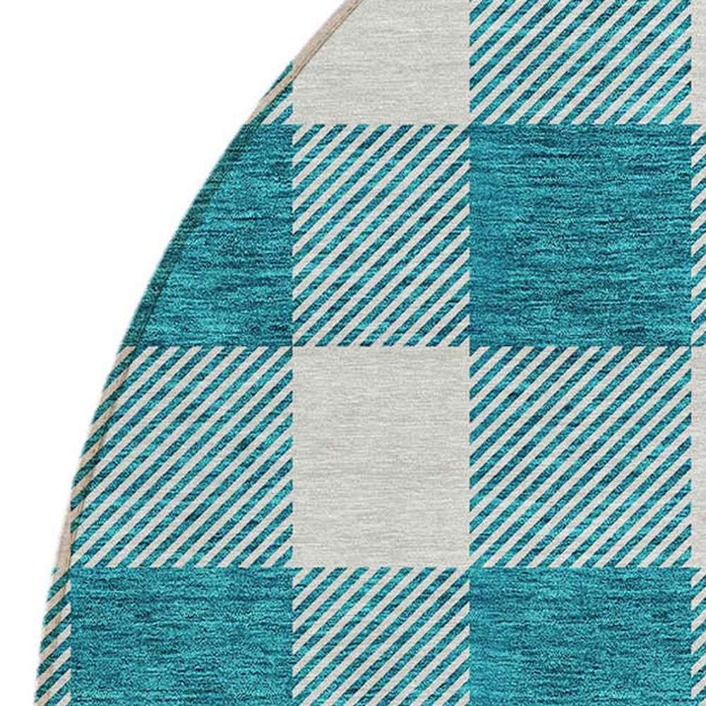 8' Teal Blue And Gray Round Plaid Washable Indoor Outdoor Area Rug