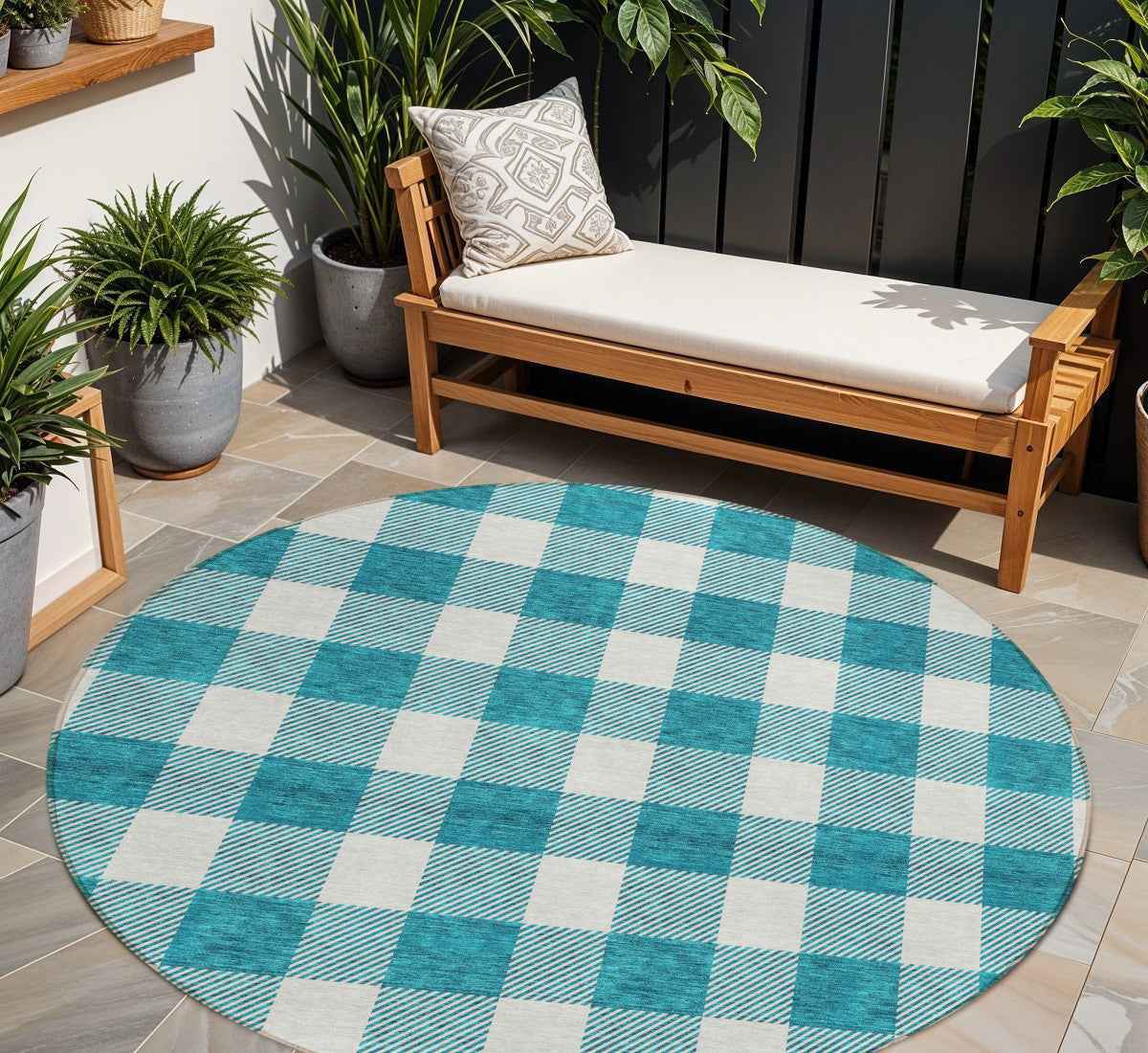8' Teal Blue And Gray Round Plaid Washable Indoor Outdoor Area Rug