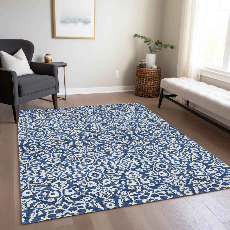 9' X 12' Navy Blue And Ivory Damask Washable Indoor Outdoor Area Rug