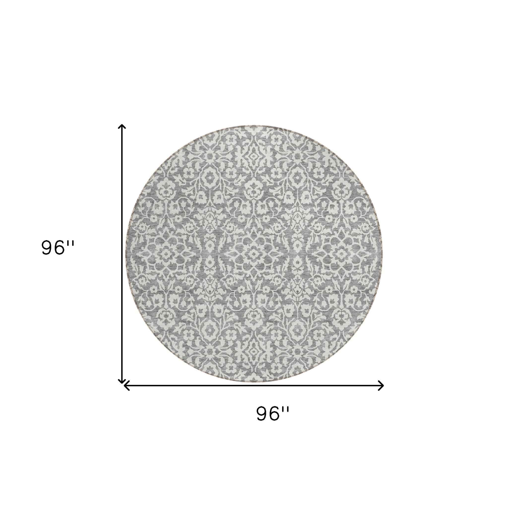 8' Gray And Ivory Round Damask Washable Indoor Outdoor Area Rug