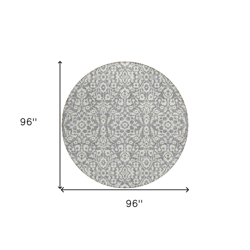 8' Gray And Ivory Round Damask Washable Indoor Outdoor Area Rug