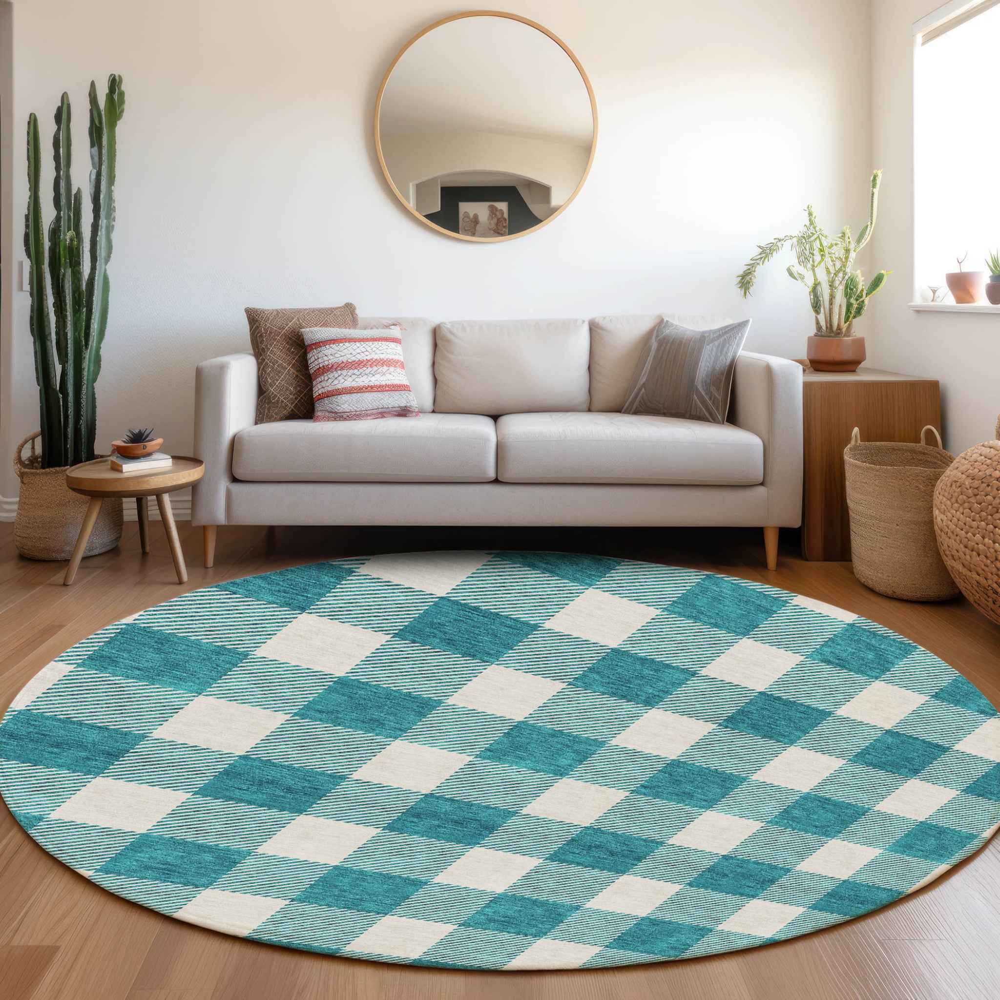 8' Teal Blue And Gray Round Plaid Washable Indoor Outdoor Area Rug