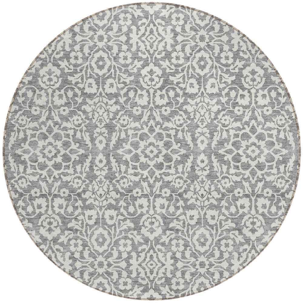 8' Gray And Ivory Round Damask Washable Indoor Outdoor Area Rug