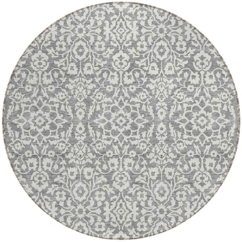 8' Gray And Ivory Round Damask Washable Indoor Outdoor Area Rug