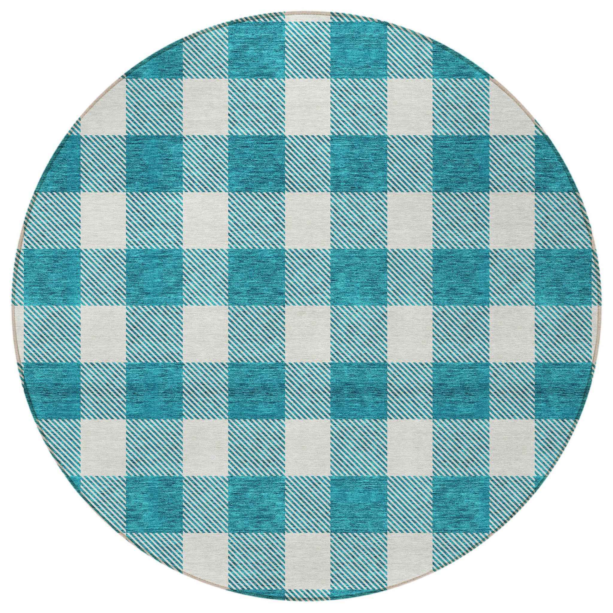 8' Teal Blue And Gray Round Plaid Washable Indoor Outdoor Area Rug