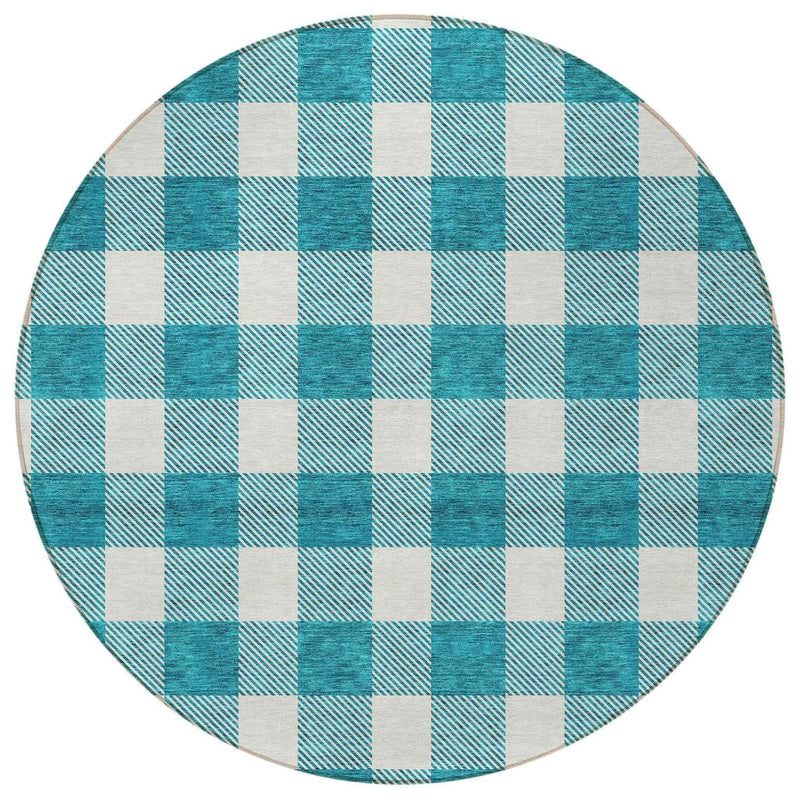 8' Teal Blue And Gray Round Plaid Washable Indoor Outdoor Area Rug