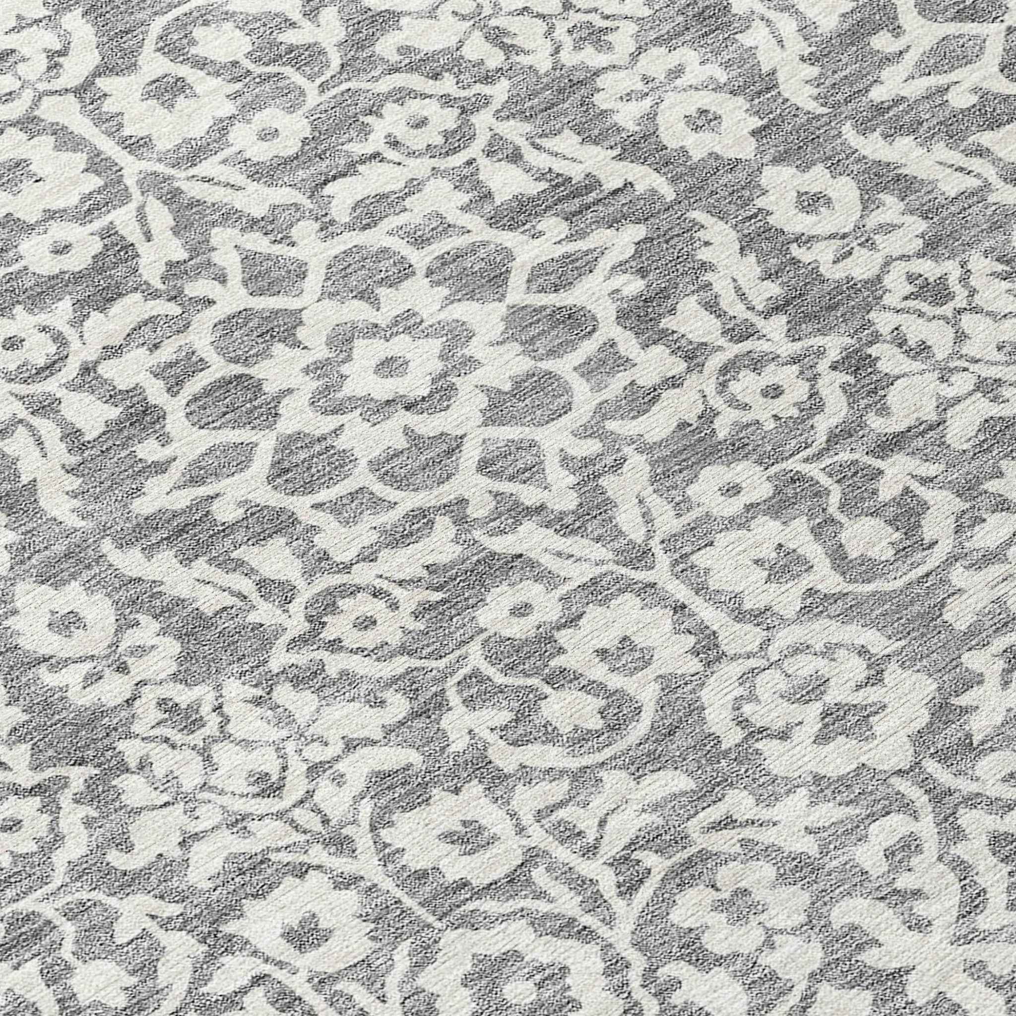 8' Gray And Ivory Round Damask Washable Indoor Outdoor Area Rug
