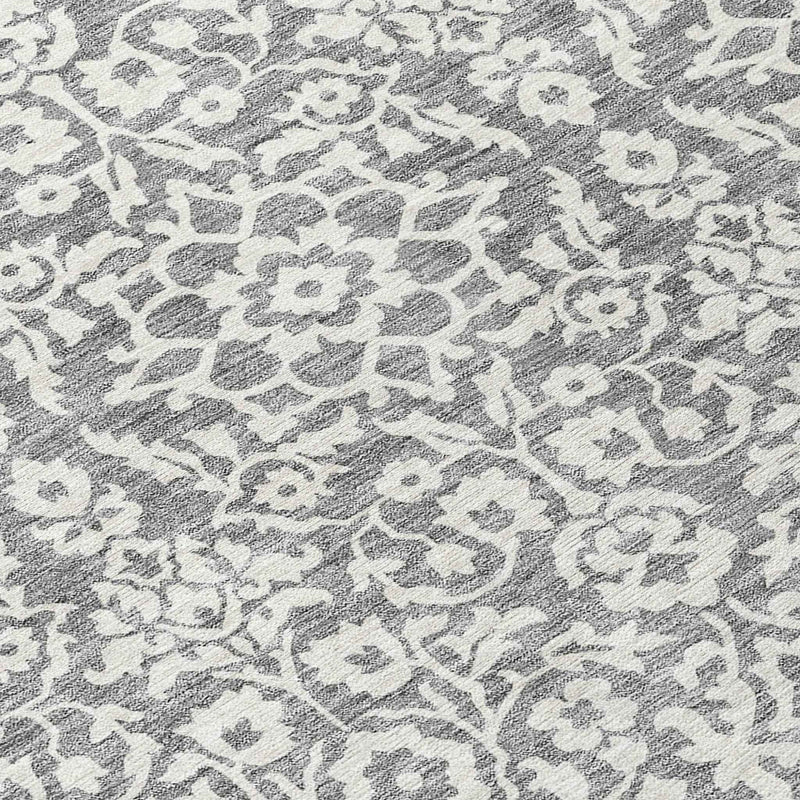 8' Gray And Ivory Round Damask Washable Indoor Outdoor Area Rug