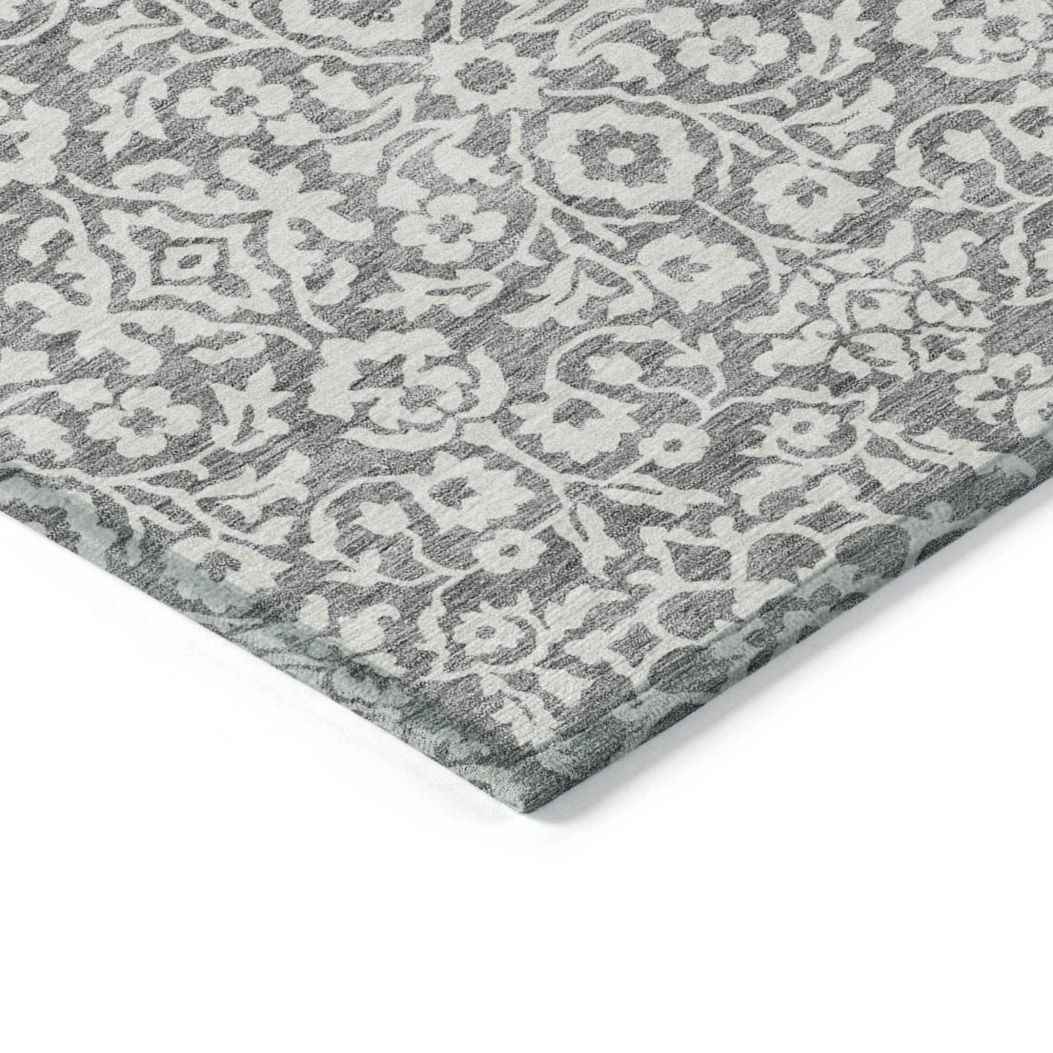 8' Gray And Ivory Round Damask Washable Indoor Outdoor Area Rug