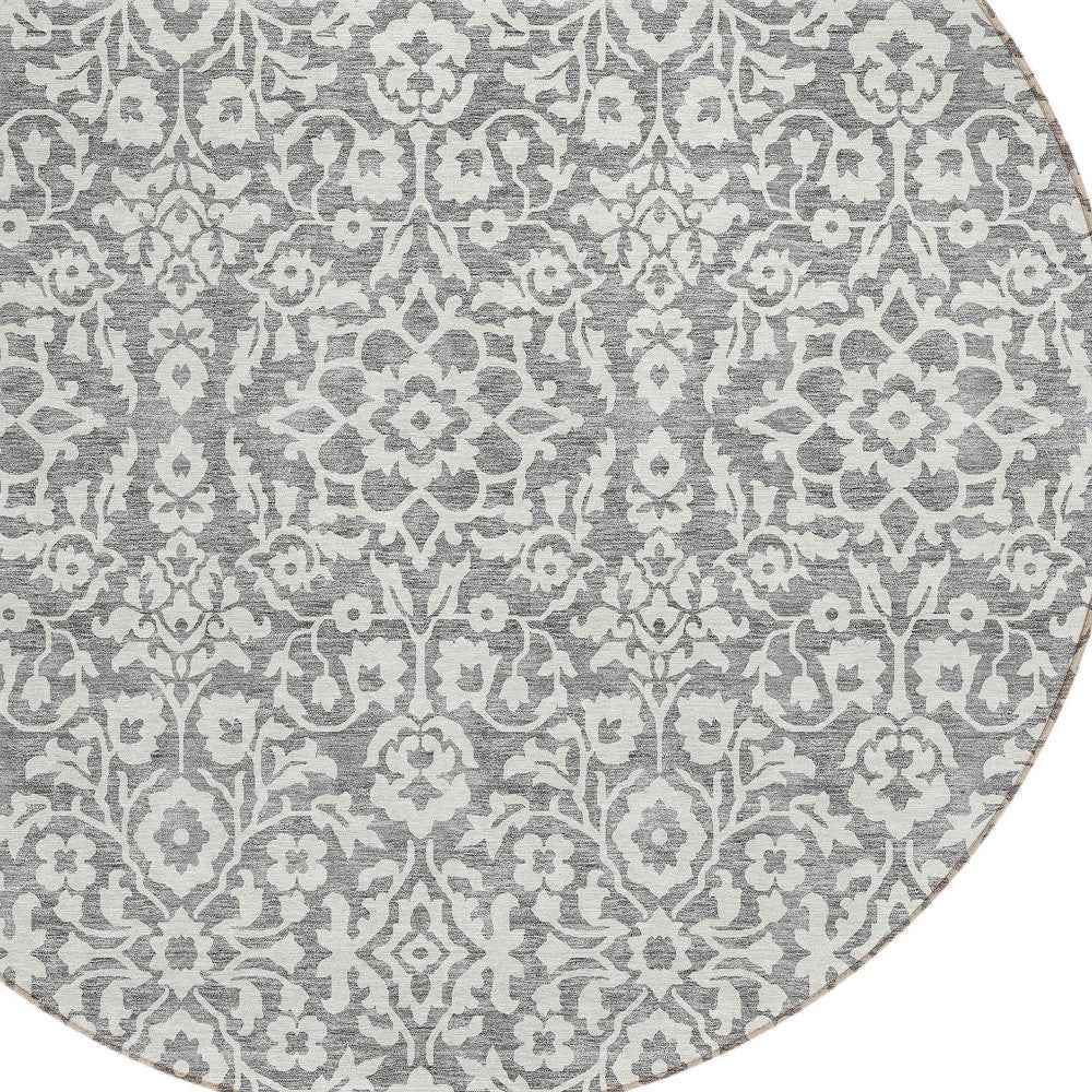 8' Gray And Ivory Round Damask Washable Indoor Outdoor Area Rug