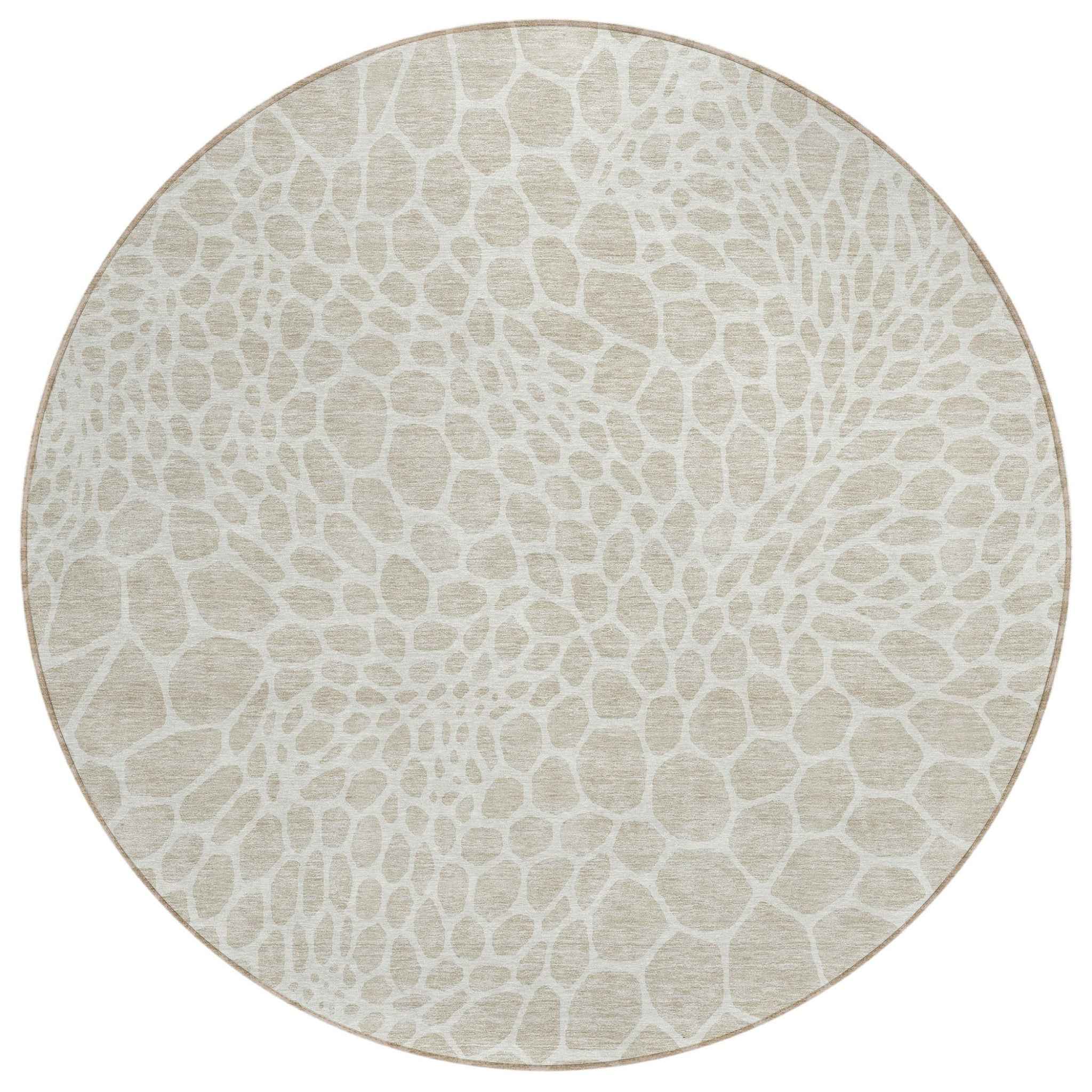 8' Beige And Ivory Round Geometric Washable Indoor Outdoor Area Rug