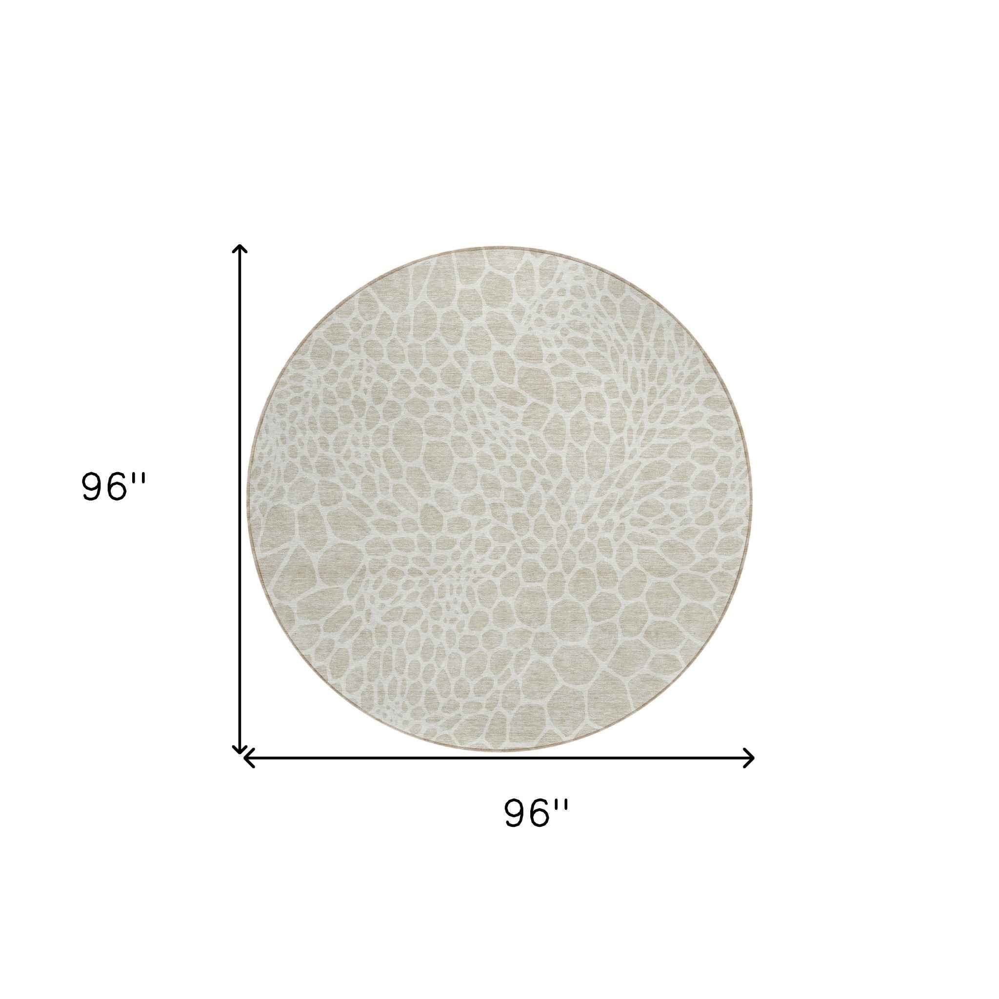 8' Beige And Ivory Round Geometric Washable Indoor Outdoor Area Rug