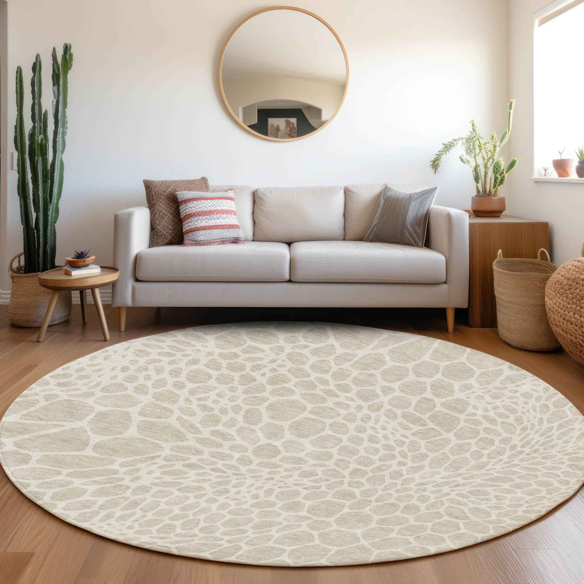 8' Beige And Ivory Round Geometric Washable Indoor Outdoor Area Rug