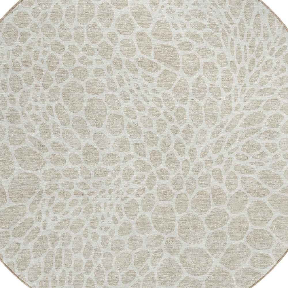8' Beige And Ivory Round Geometric Washable Indoor Outdoor Area Rug